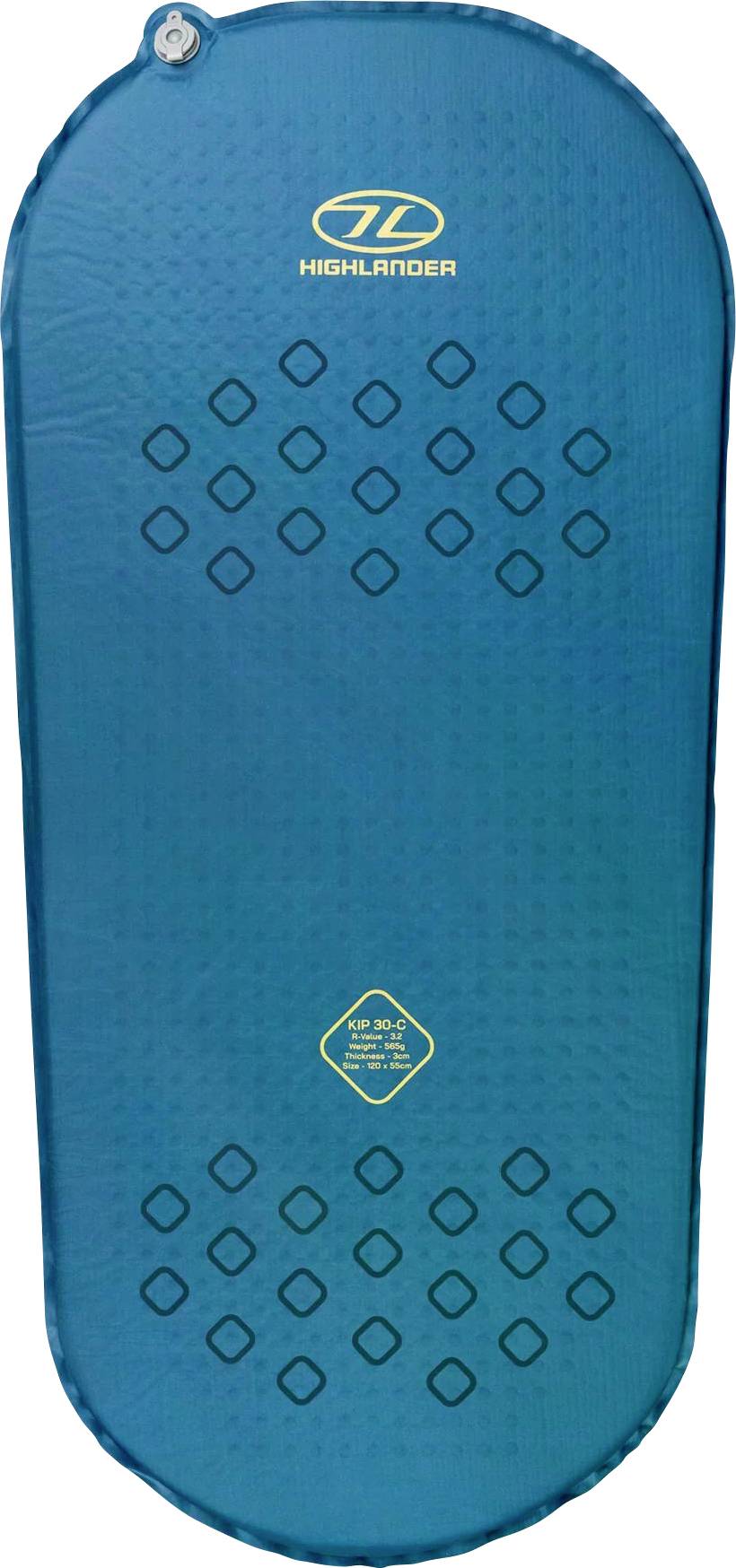 Eine blaue selbstaufblasbare Campingmatte mit einem Ventil auf einer Seite und Rautenmuster. Der Markenname „Highlander