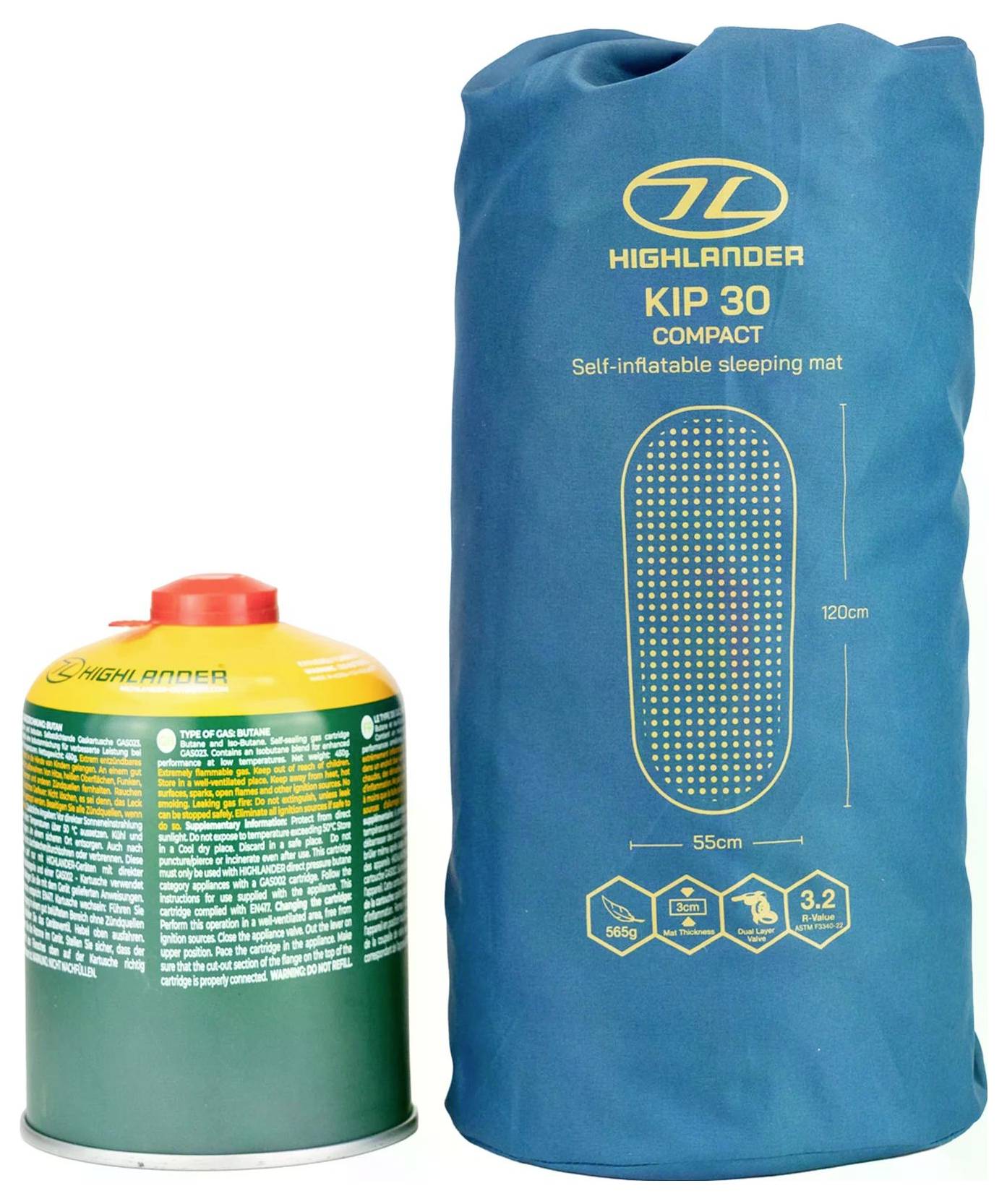 'Highlander KIP 30 Kompakte selbstaufblasbare Schlafmatte' in blauer Verpackung neben einer Highlander-Gaskartusche, mit Abmessungen und Funktionen.