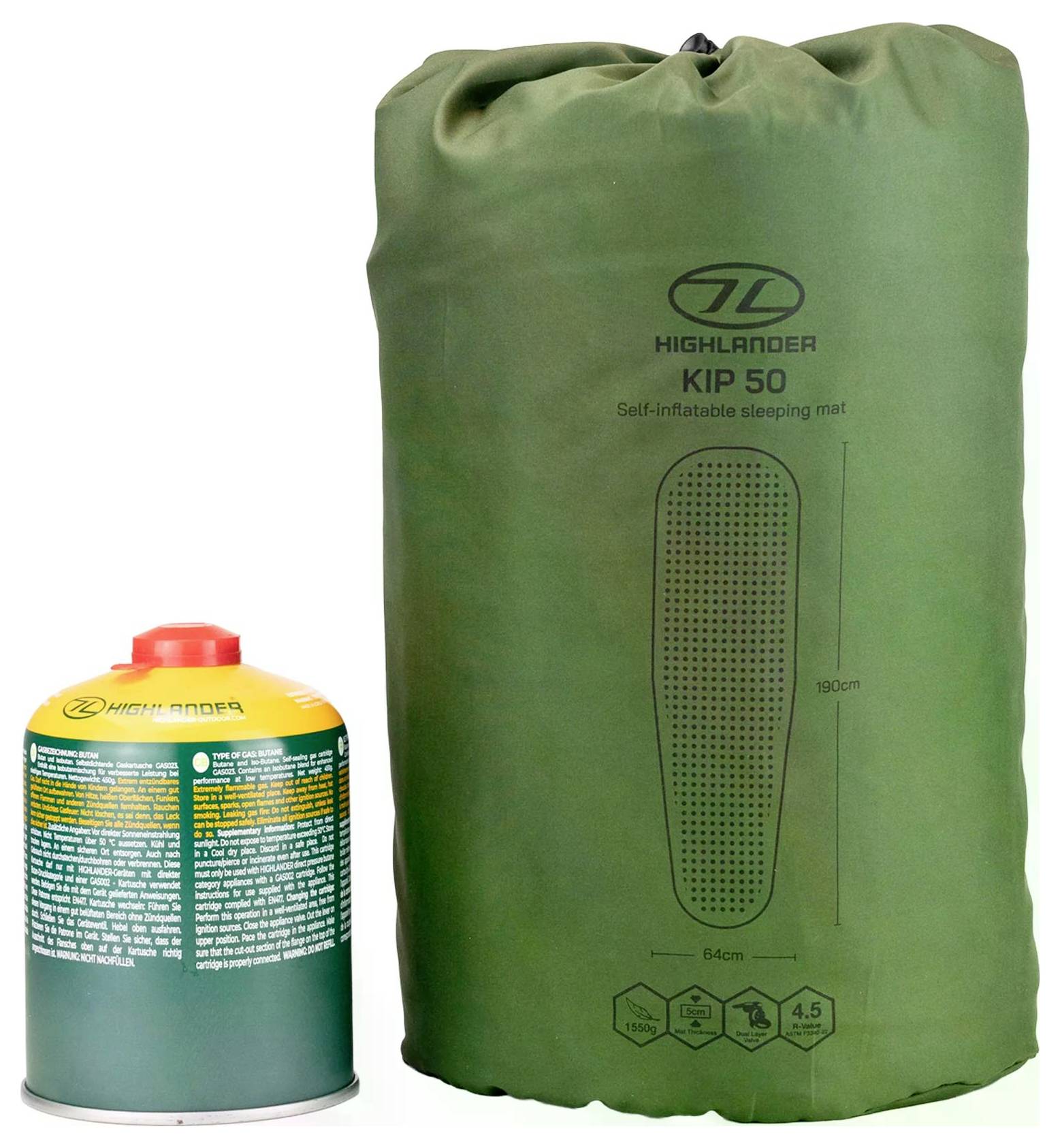 Eine grüne selbstaufblasbare Schlafmatte neben einer Dose Highlander-Gas, verwendet zum Camping oder für Outdoor-Aktivitäten.