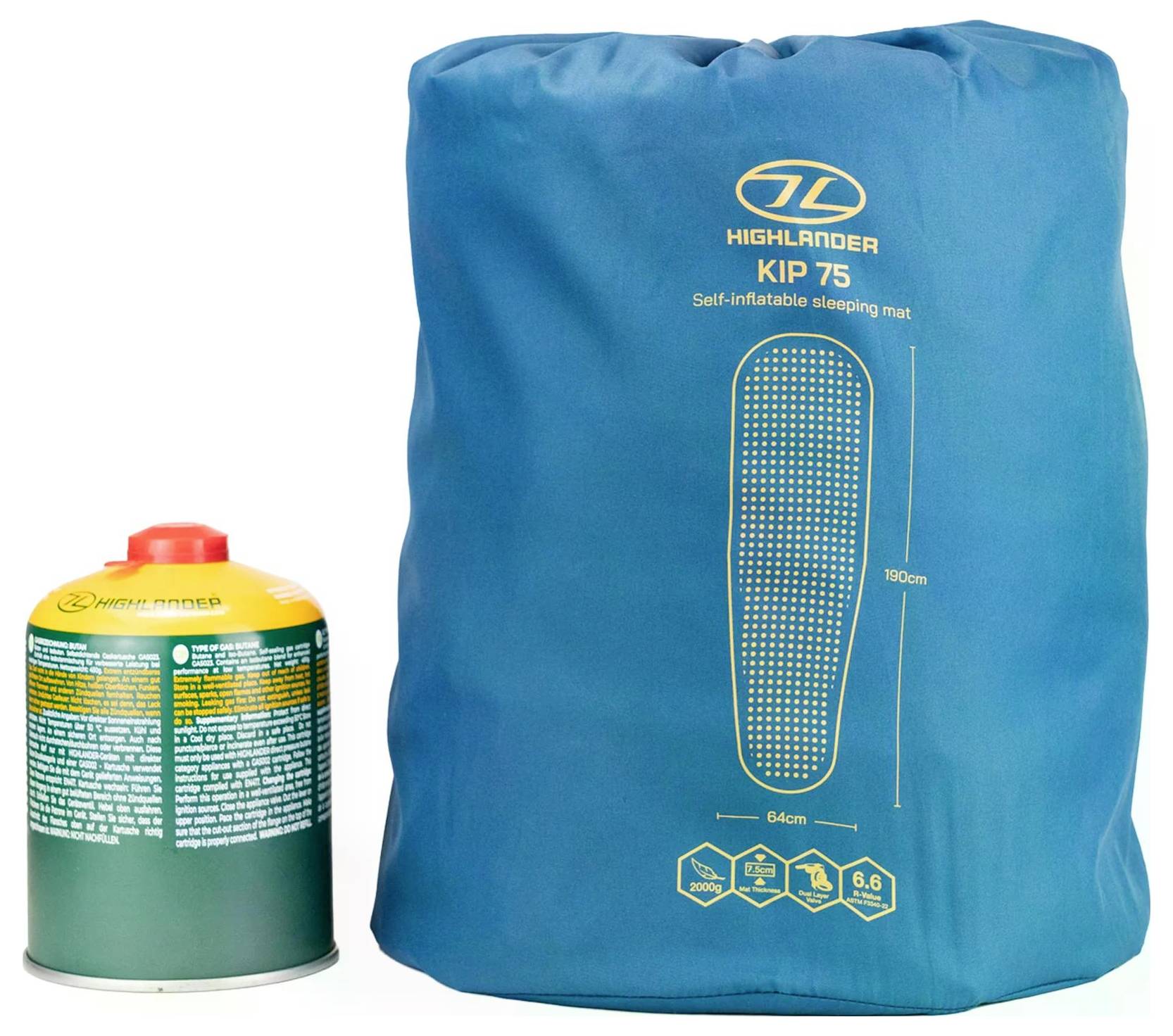 Eine blaue Schlafmattenpacker mit der Bezeichnung „Highlander KIP 75