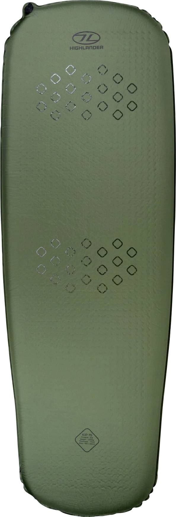 Ein rechteckiges, hellblaues Kissen mit einem kleinen schwarzen Etikett in der oberen linken Ecke.