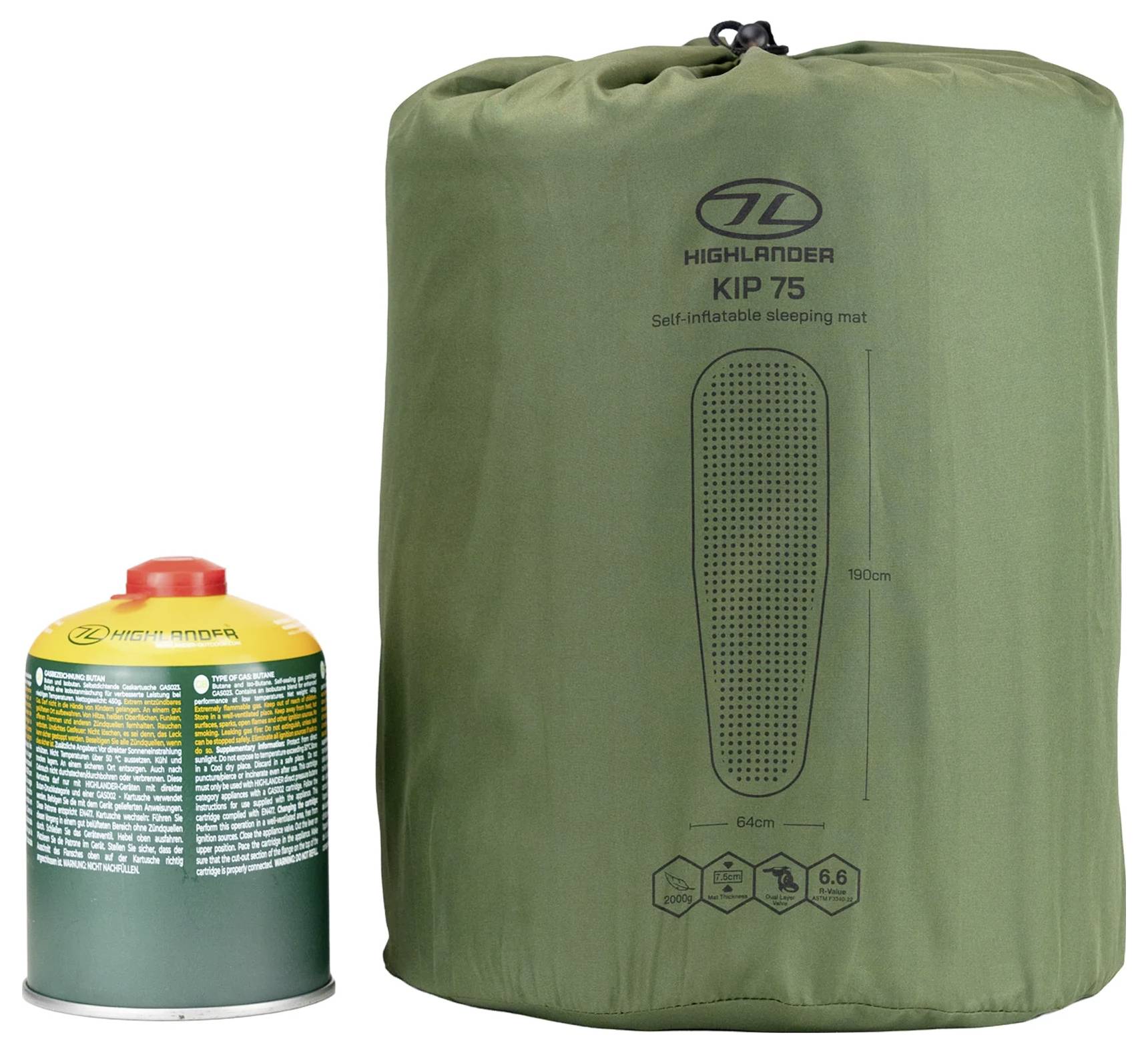 Eine grüne selbstaufblasbare Schlafmatte in einer kompakten Tasche mit einer kleinen gelbgrünen Campinggas-Kartusche daneben.