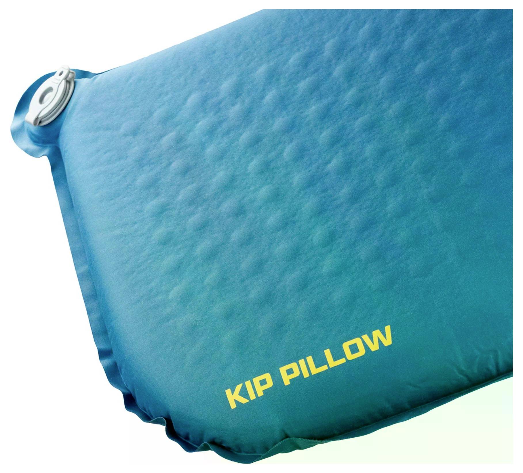 Ein leuchtend blaues, aufblasbares Campingkissen mit dem Text „KIP PILLOW
