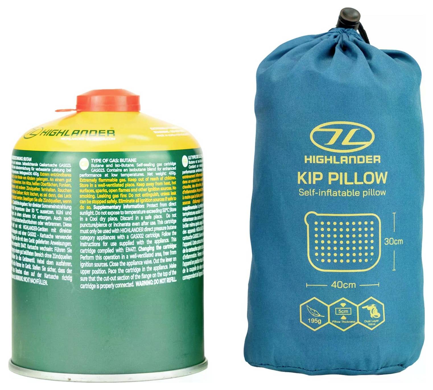 Ein Camping-Gaskanister neben einer Highlander Kip Pillow-Tasche. Der Gaskanister hat Sicherheitsanweisungen; das Kissen ist 40x30 cm groß und selbstaufblasbar.