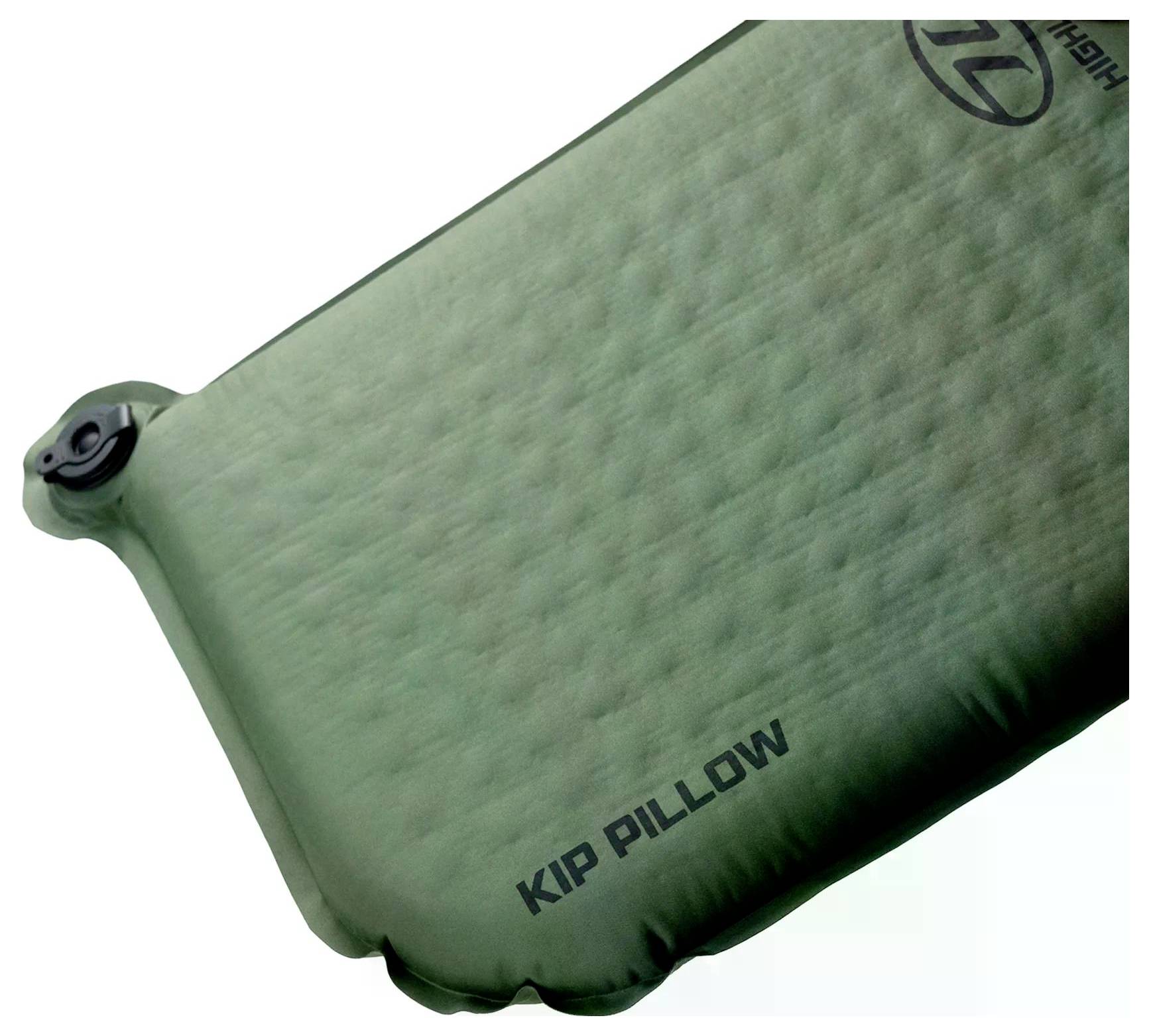 Aufblasbare grüne Kissen mit schwarzem Luftventil und dem Text 