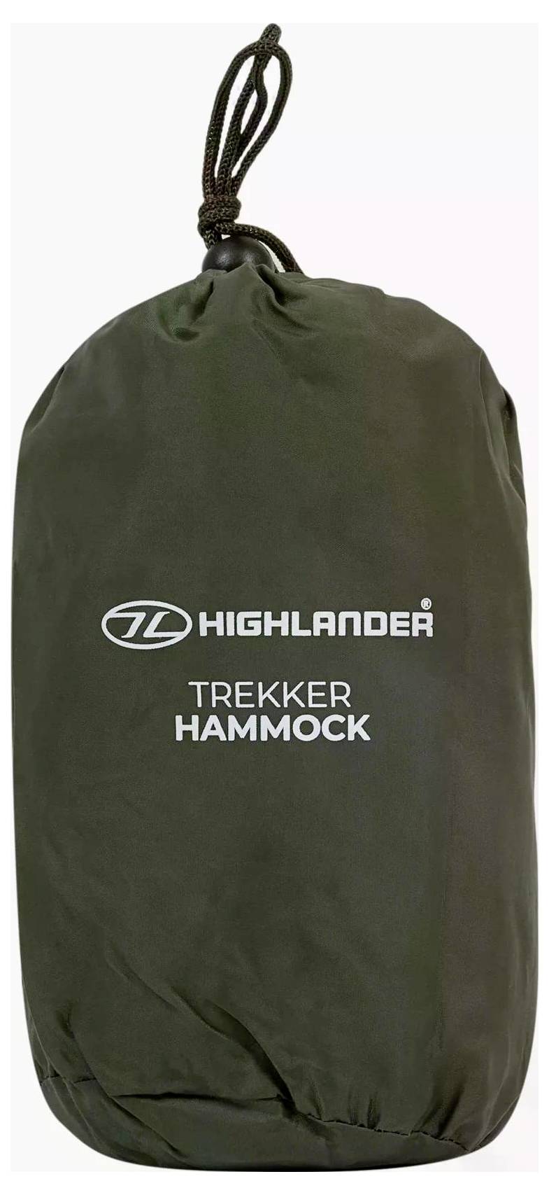 Eine dunkelgrüne Hängematte in einem Zugbeuteltasche mit der Aufschrift 