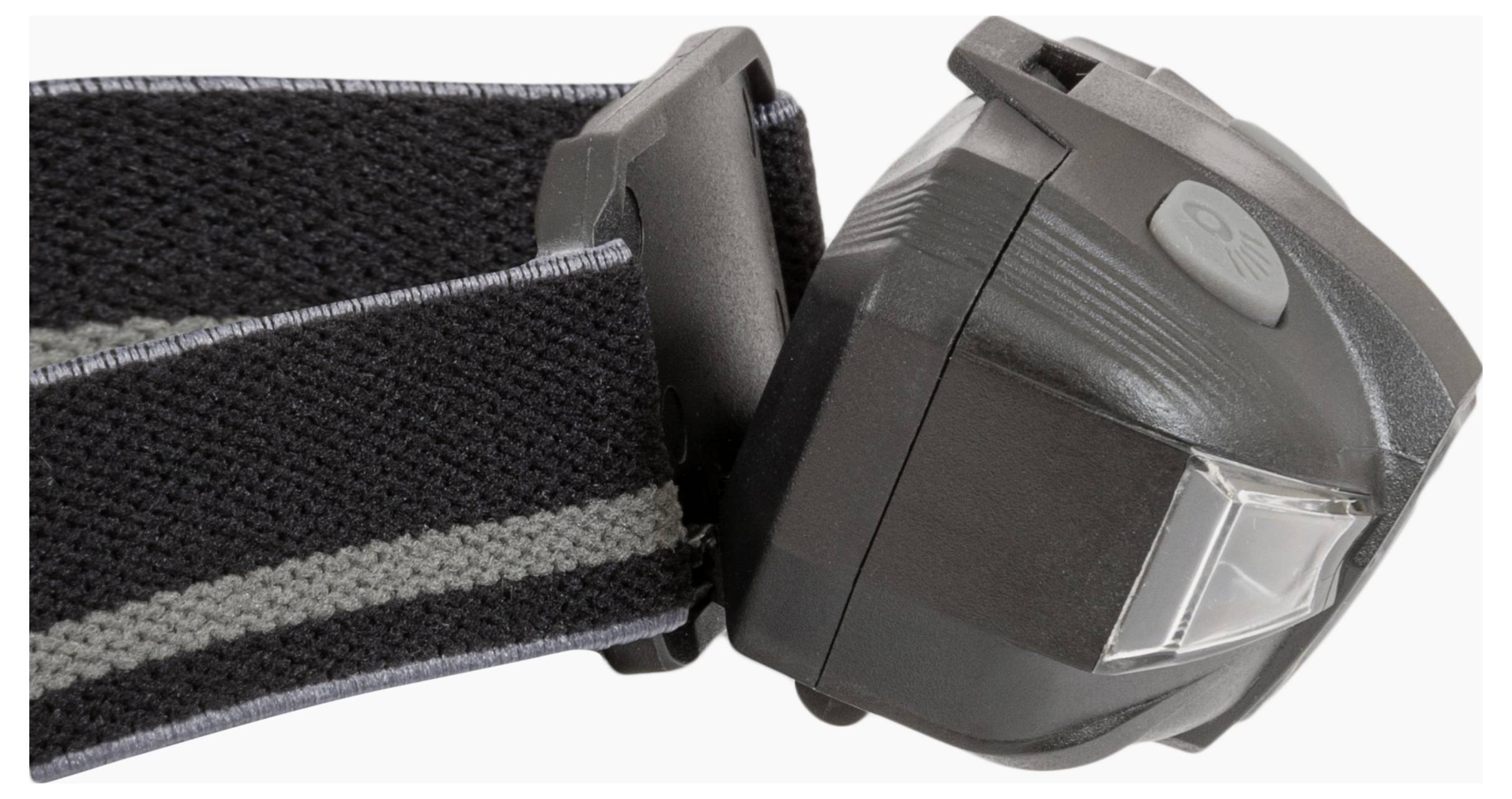 Eine schwarze Stirnlampe mit verstellbarem Kopfband und klarer Linse, entwickelt für freihändige Beleuchtung.