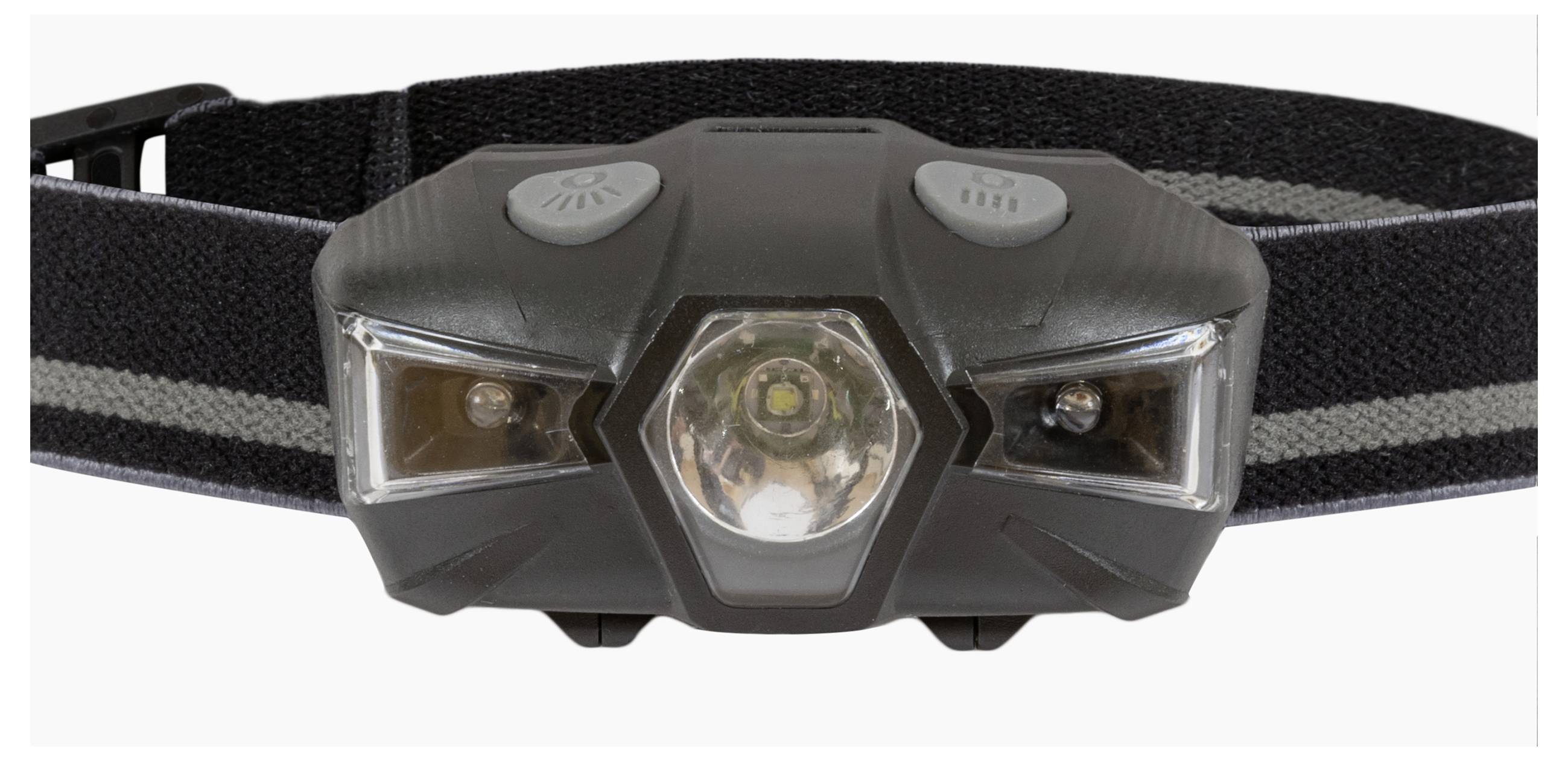 Eine schwarze Stirnlampe mit verstellbarem Kopfband und drei LED-Leuchten, entwickelt für freihändige Beleuchtung bei Outdoor- oder Arbeitsaktivitäten.