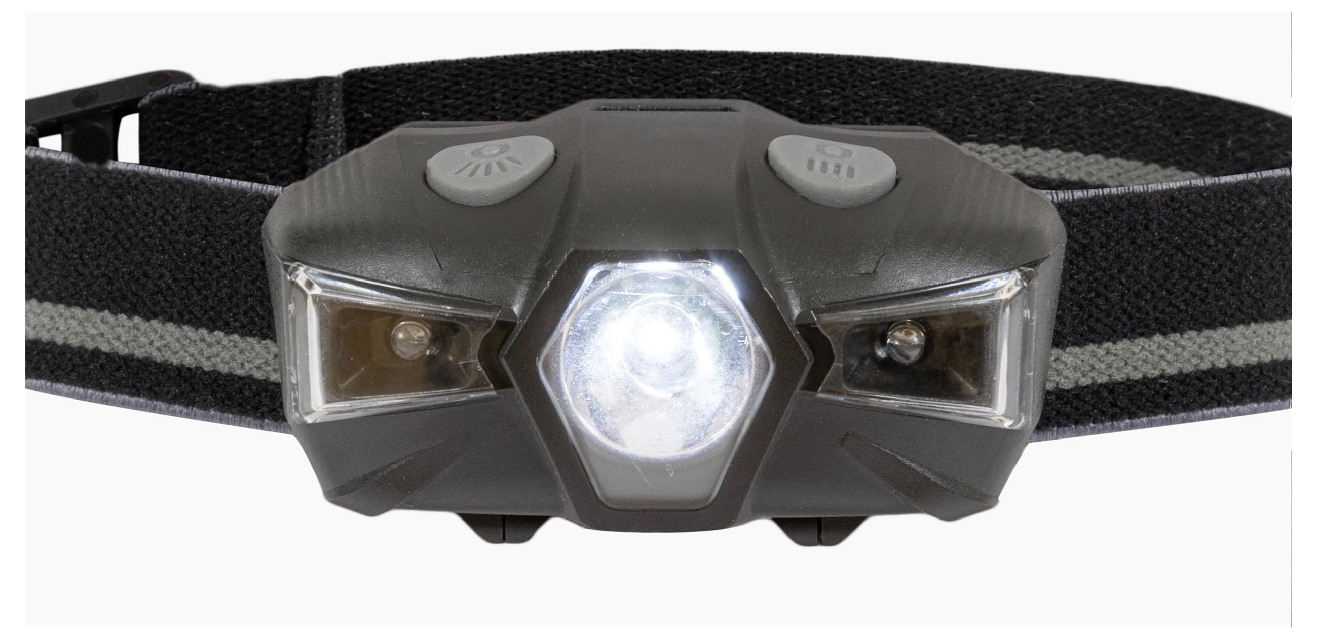 Eine schwarze Stirnlampe mit einer zentralen weißen LED-Leuchte und zwei kleineren Seitenlichtern, montiert auf einem verstellbaren Kopfband.