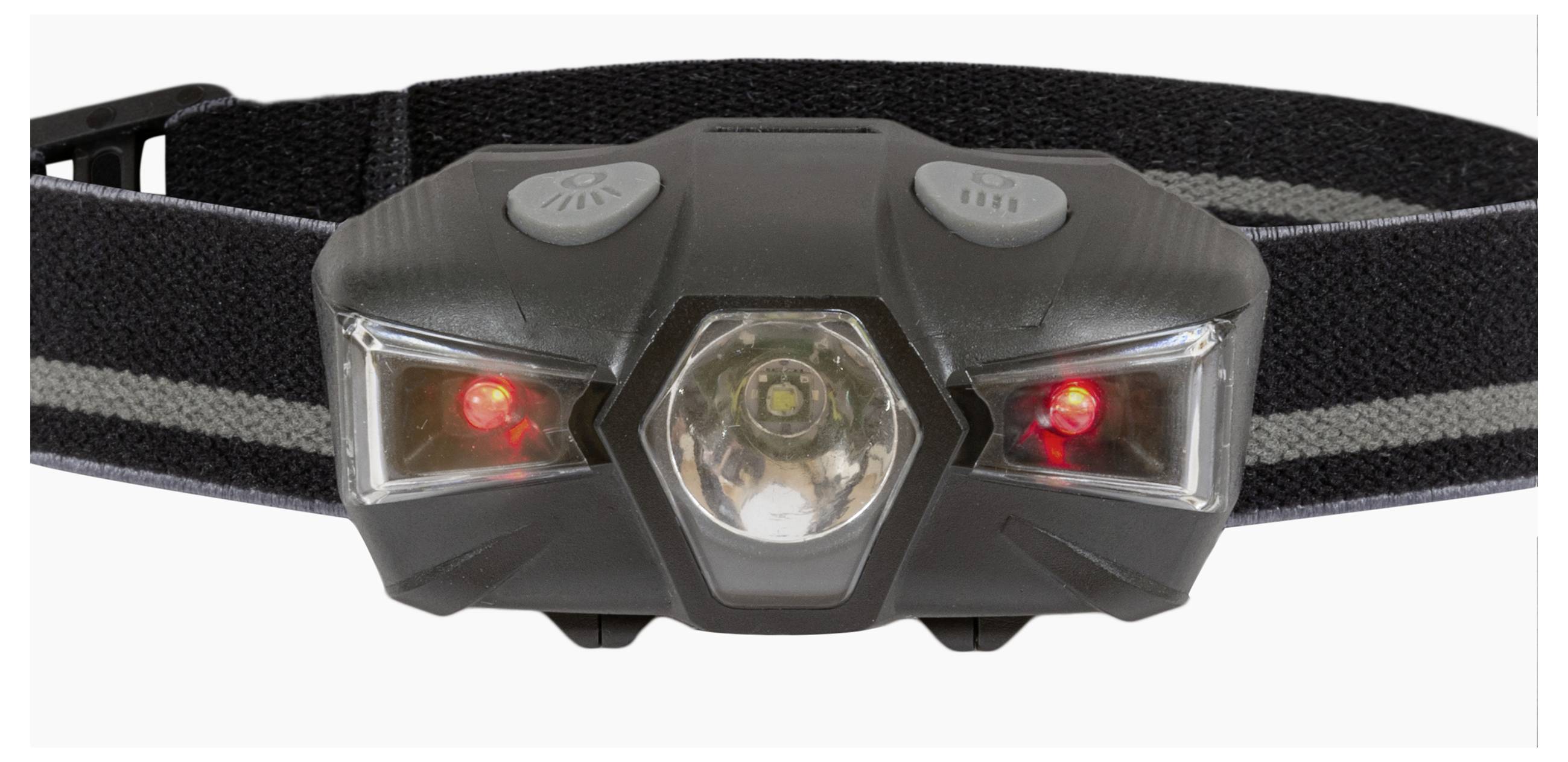Eine schwarze Stirnlampe mit verstellbarem Riemen und zentraler weißer LED-Leuchte, flankiert von zwei roten LEDs, konzipiert für freihändige Beleuchtung.