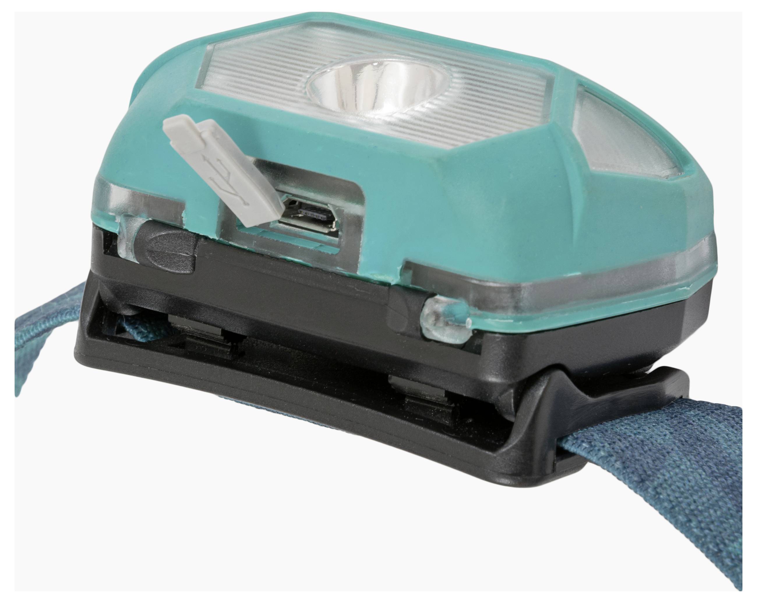 Eine blaugrüne Stirnlampe mit USB-Ladeanschluss und verstellbarem Riemen, die schräg positioniert ist.