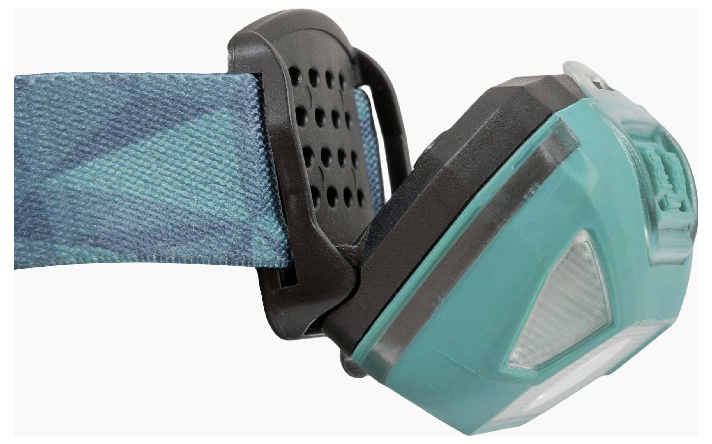 Eine türkisfarbene Stirnlampe mit verstellbarem strukturiertem Riemen und belüftetem Schnallenverschluss.