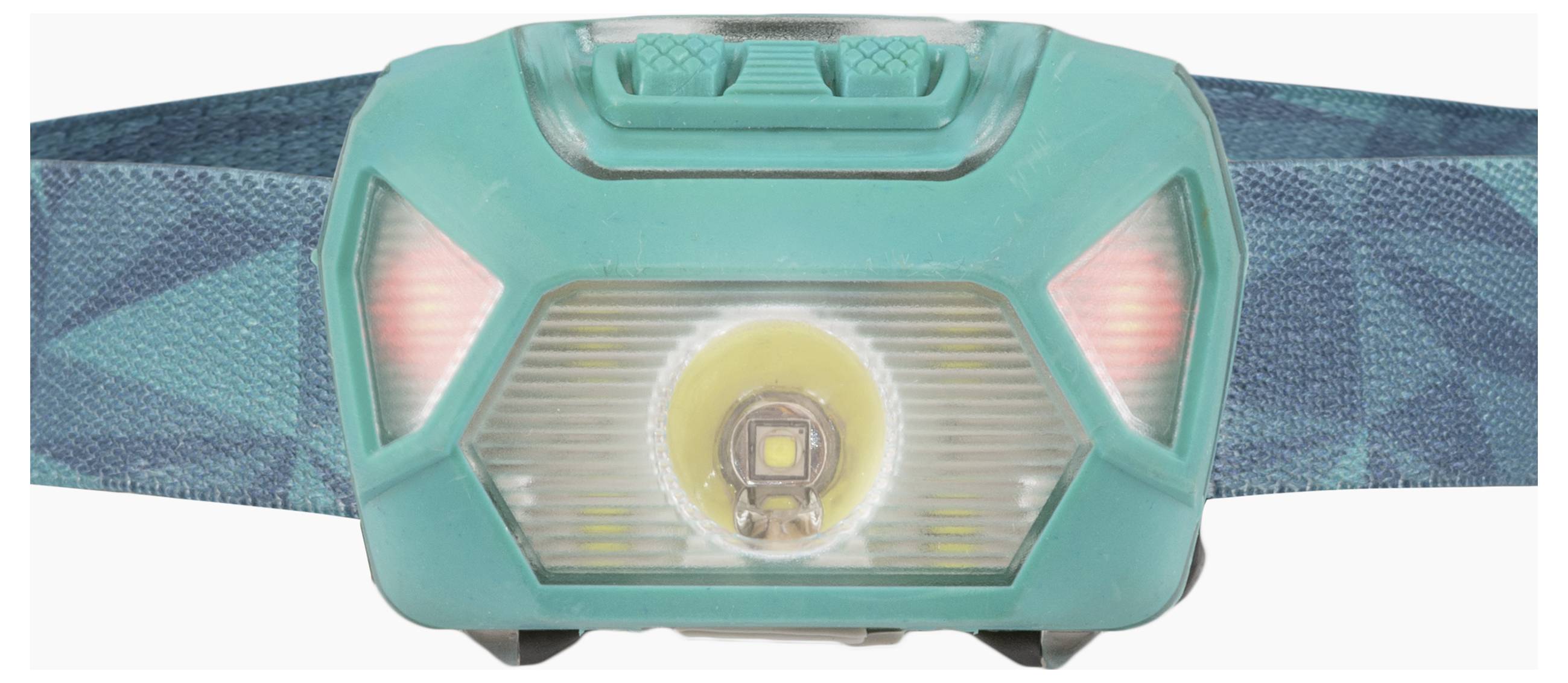 Eine türkisfarbene Stirnlampe mit verstellbarem Riemen, ausgestattet mit einer zentralen LED-Leuchte und seitlichen roten Lichtern, konzipiert für freihändige Beleuchtung.