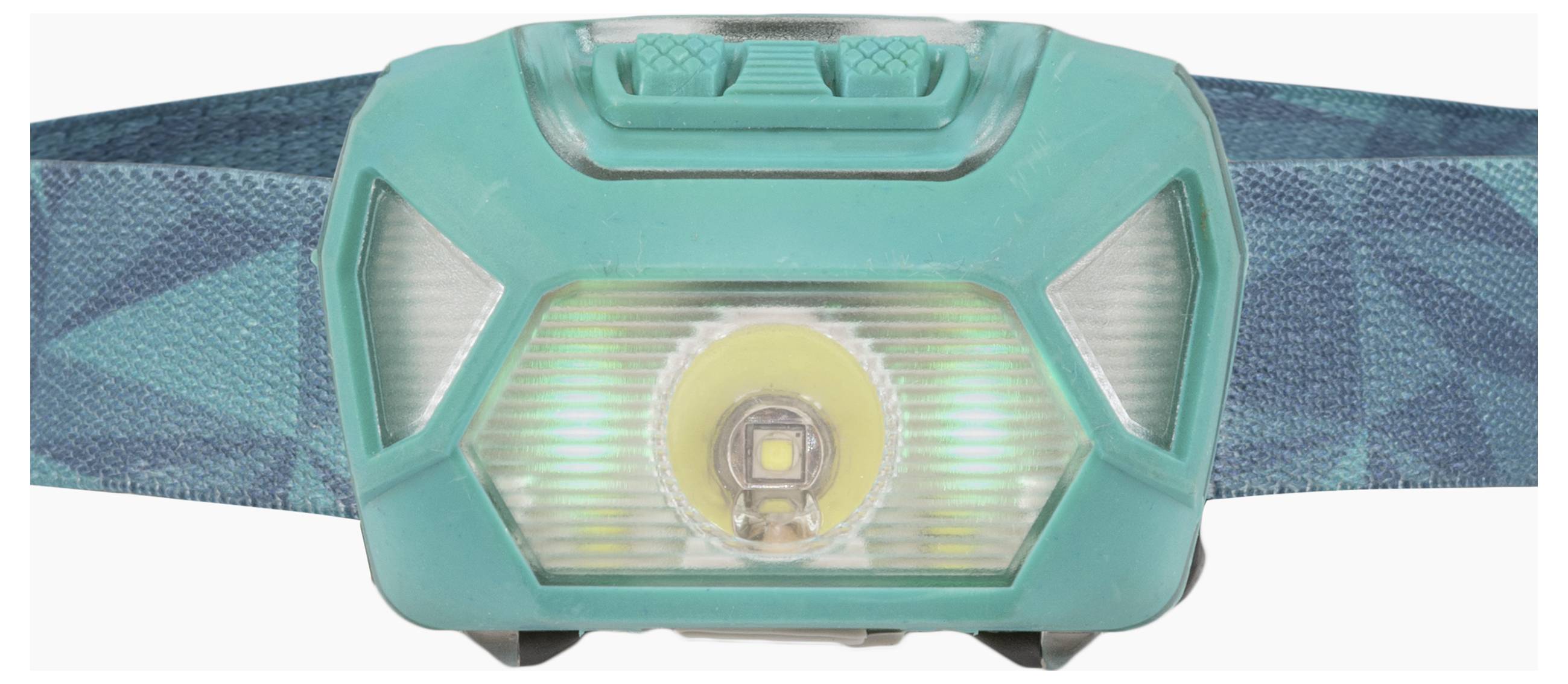 Eine blaugrüne und grüne Stirnlampe mit gemustertem Stirnband, ausgestattet mit zwei Tasten oben und einem zentralen LED-Licht.