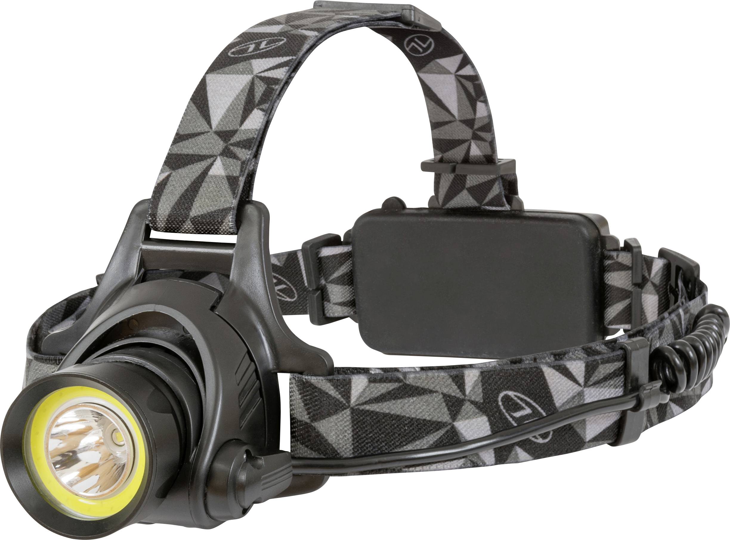 Eine schwarze und graue geometrisch gemusterte Stirnlampe mit verstellbarem Riemen und schwenkbarem Kopf, entwickelt für freihändige Beleuchtung in dunklen Bereichen.