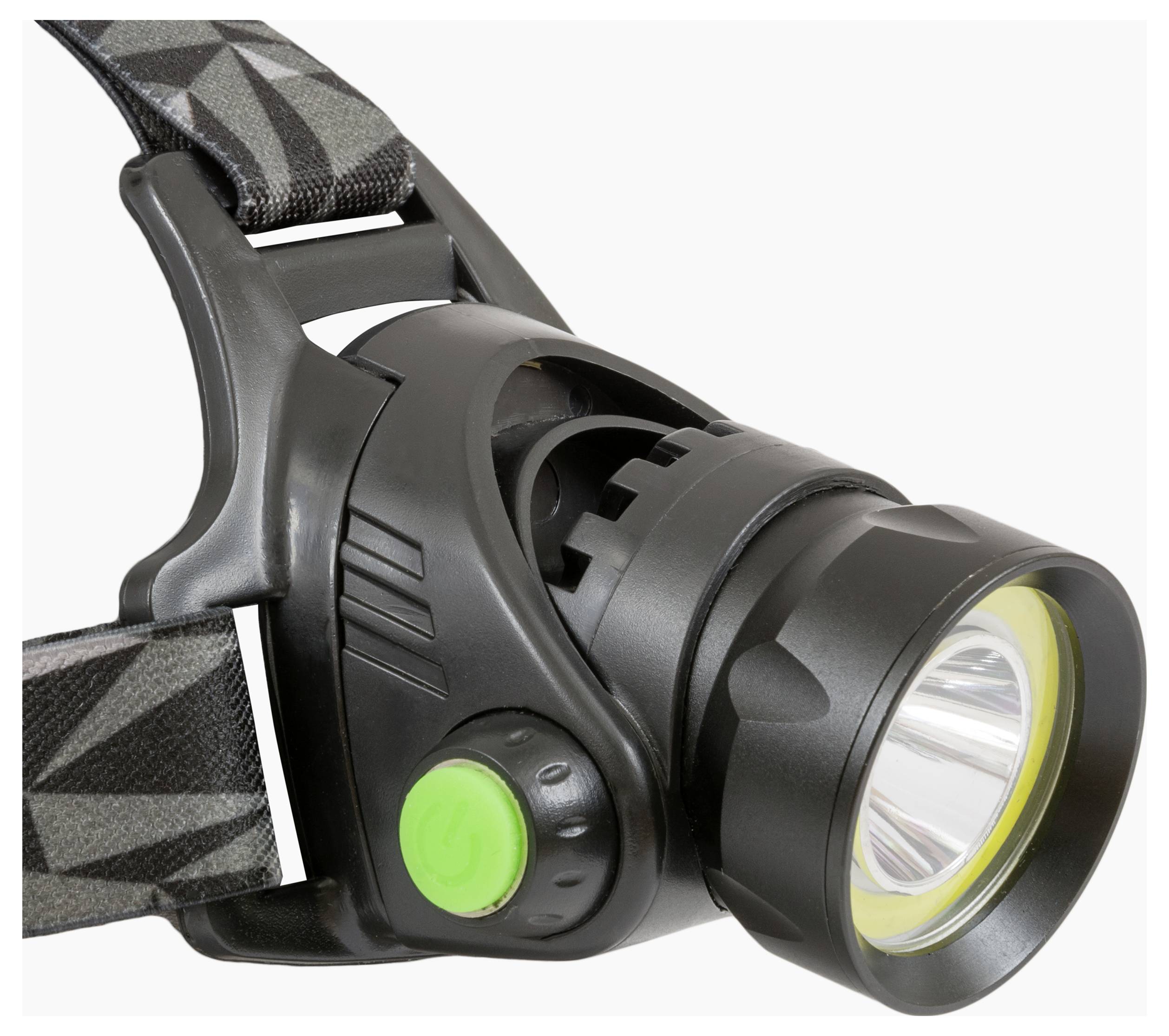 Eine schwarze Stirnlampe mit verstellbarem Riemen und einem grünen Knopf an der Seite.