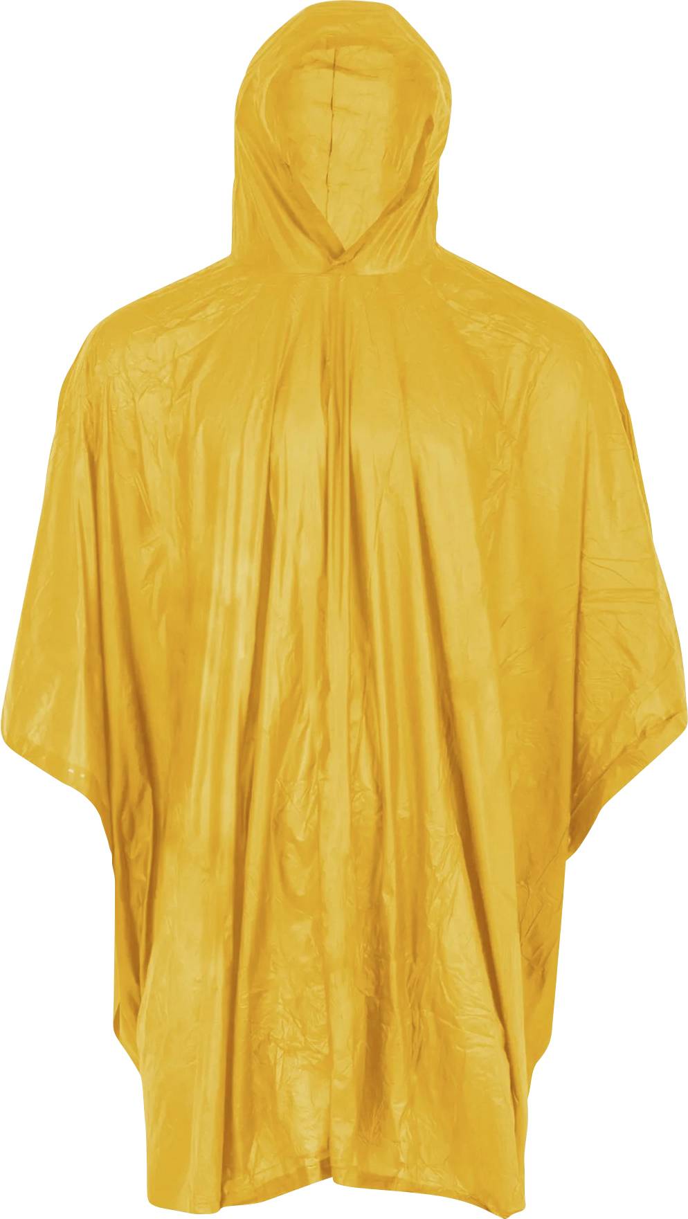 „Ein leuchtend gelber Regenponcho mit Kapuze, präsentiert vor einem schlichten weißen Hintergrund.