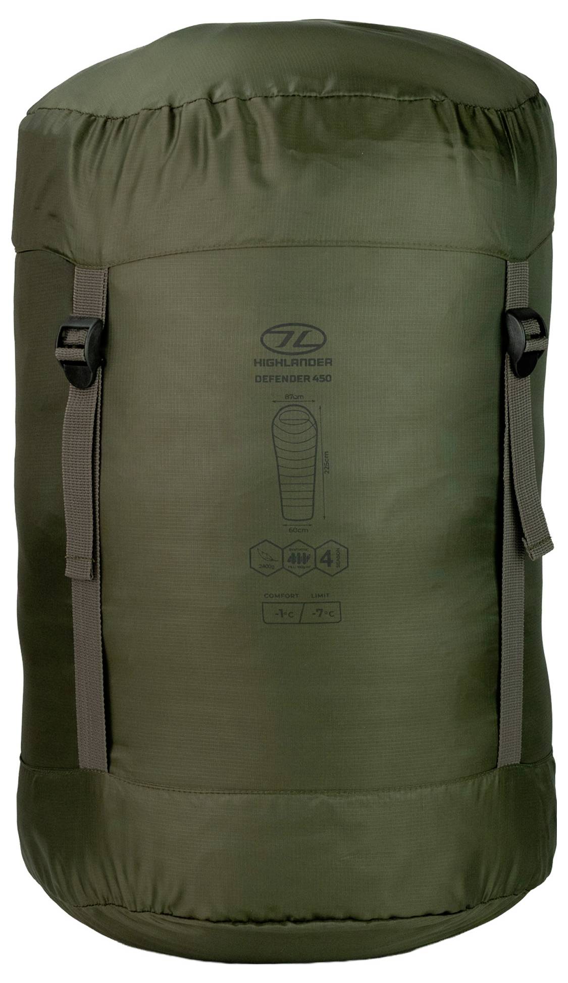 Grüner Schlafsack in einer Kompressionstasche mit verstellbaren Riemen, entwickelt für kompakte Lagerung und einfachen Transport.