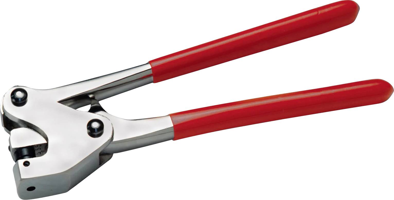 Ein Metallversiegelungswerkzeug mit roten Griffen zum Versiegeln von Umreifung, mit elegantem und funktionalem Design.