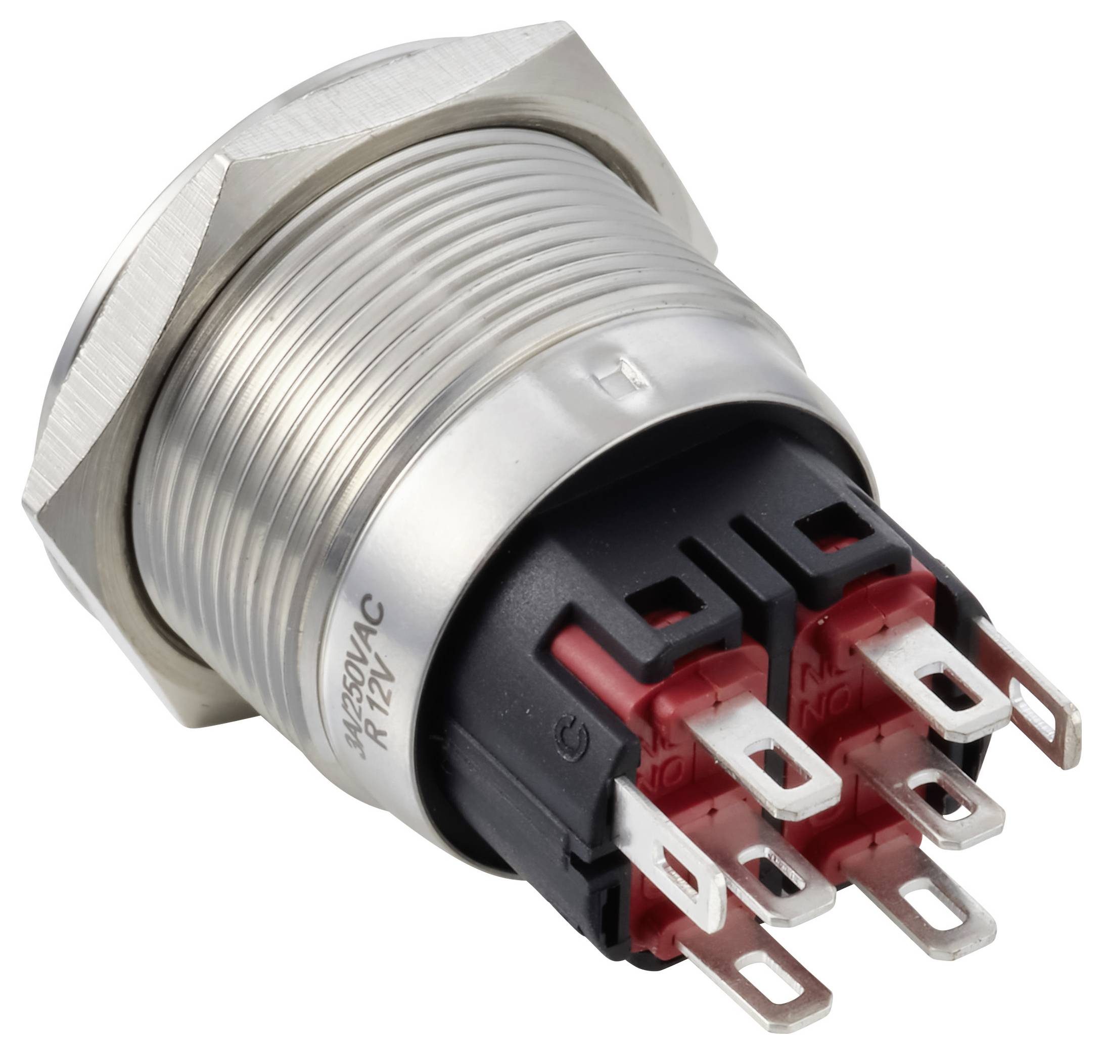 Nahaufnahme eines gewindelten Metall-Druckschalters mit sechs elektrischen Anschlusspins.