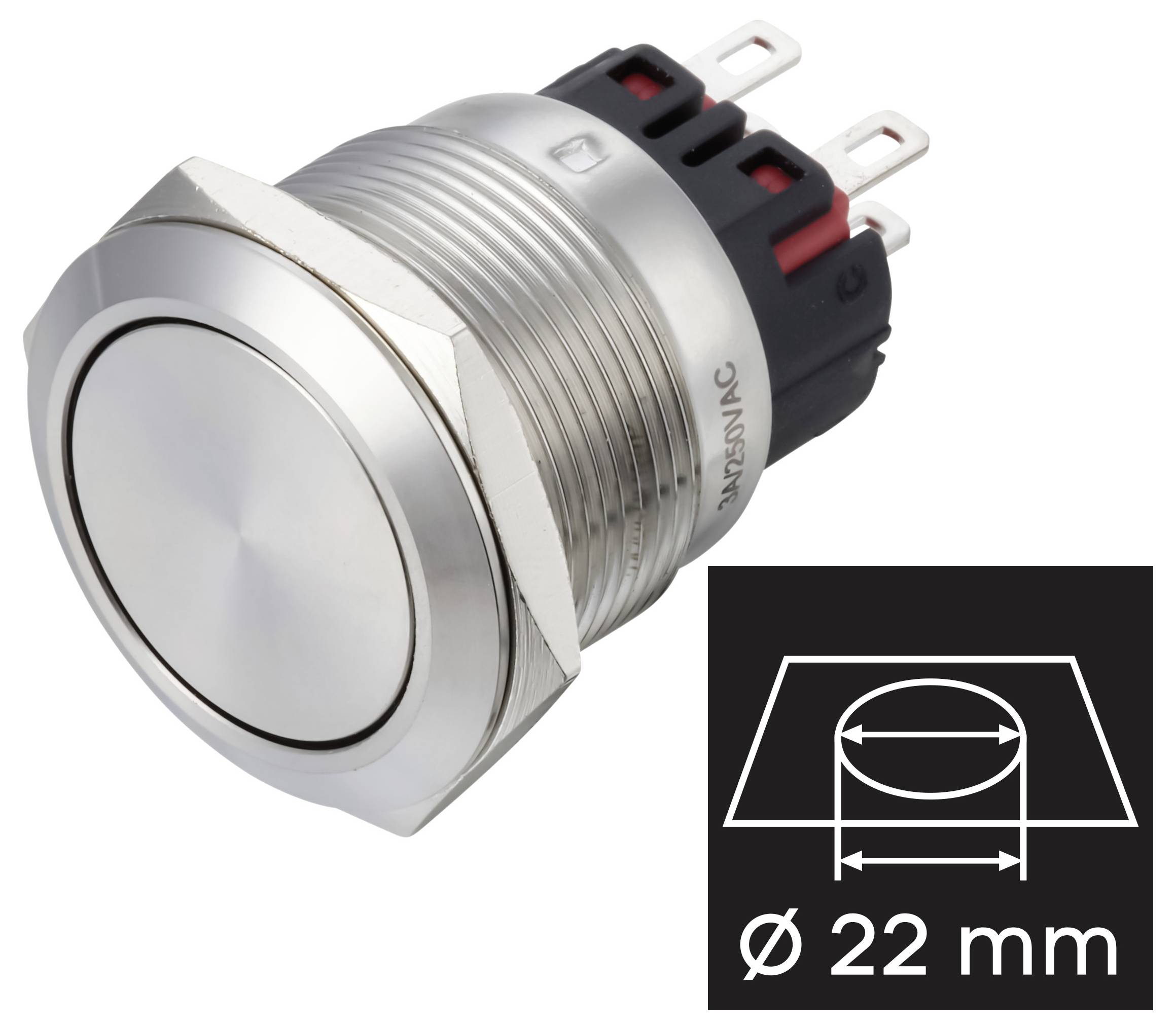 Metallischer Druckschalter mit 22 mm Einbaudurchmesser, dargestellt in einem Produktfoto und Größensymbol.