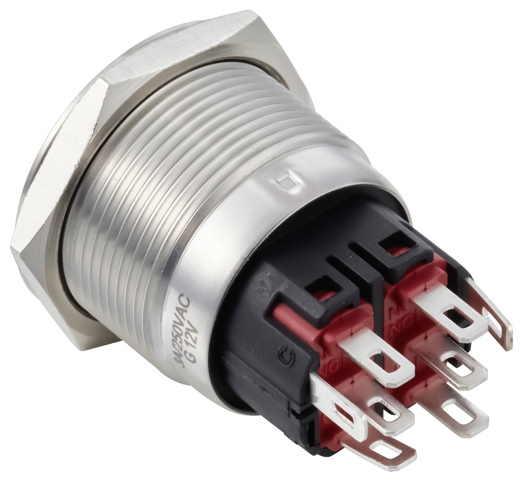 Metallischer Einbau-Druckschalter mit Gewindegehäuse aus Silber und sechs elektrischen Anschlüssen.
