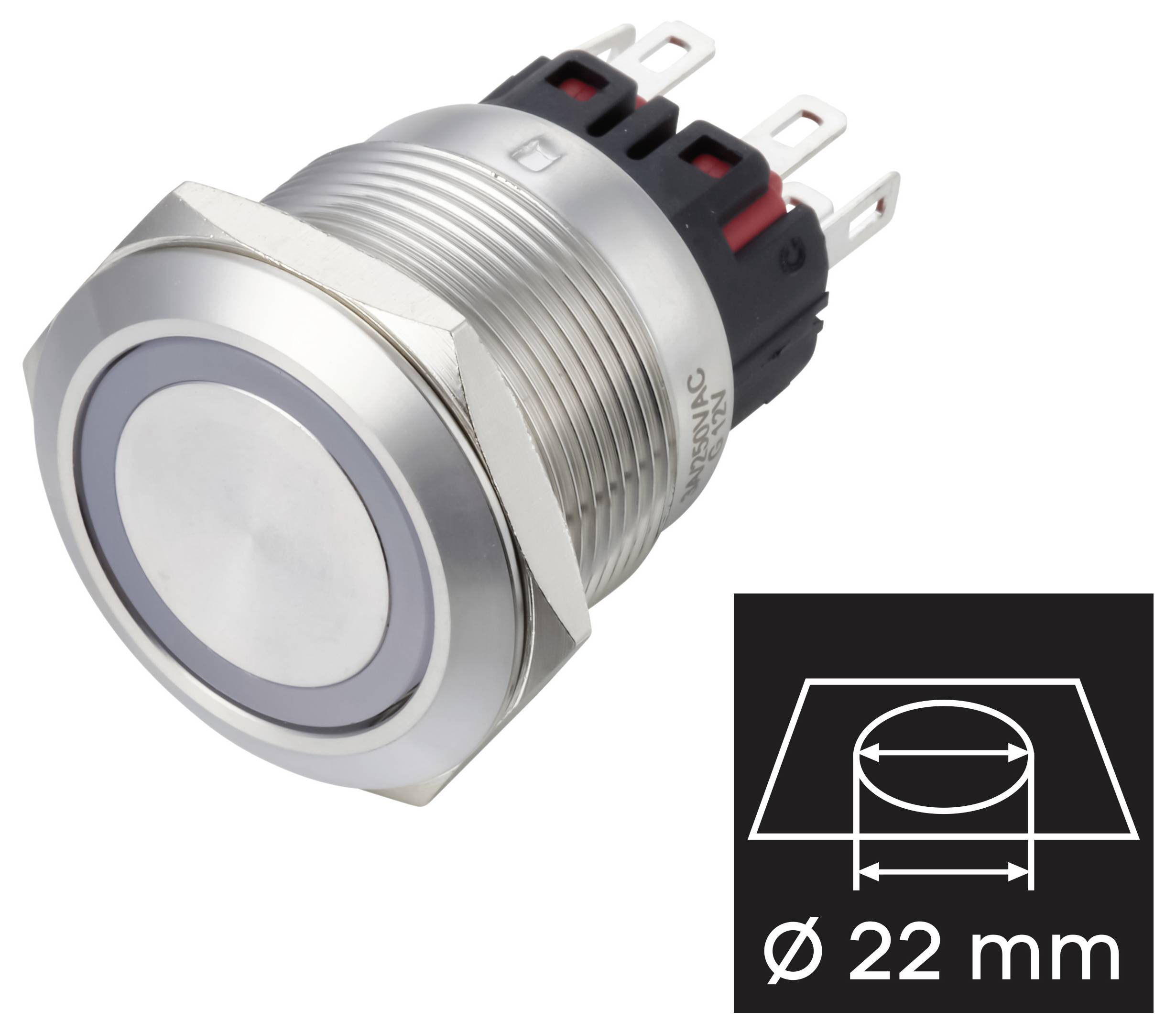 Metall-Druckschalter mit beleuchteter runder Oberfläche und Bezeichnung für Einbaugröße Ø 22 mm.