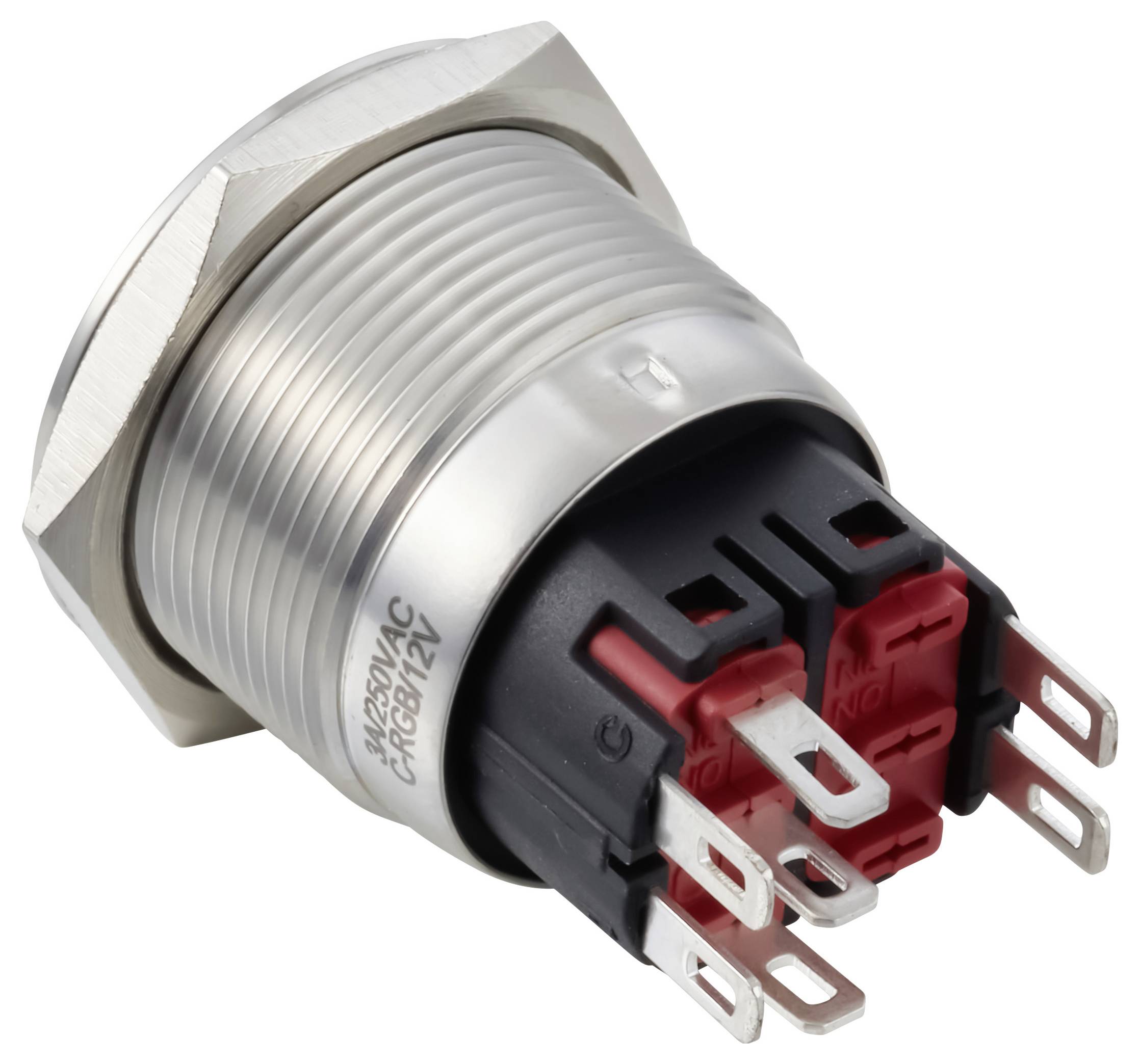 Nahaufnahme eines Metall-Einbauschalters mit Gewindekörper und mehreren elektrischen Anschlüssen auf der Rückseite.