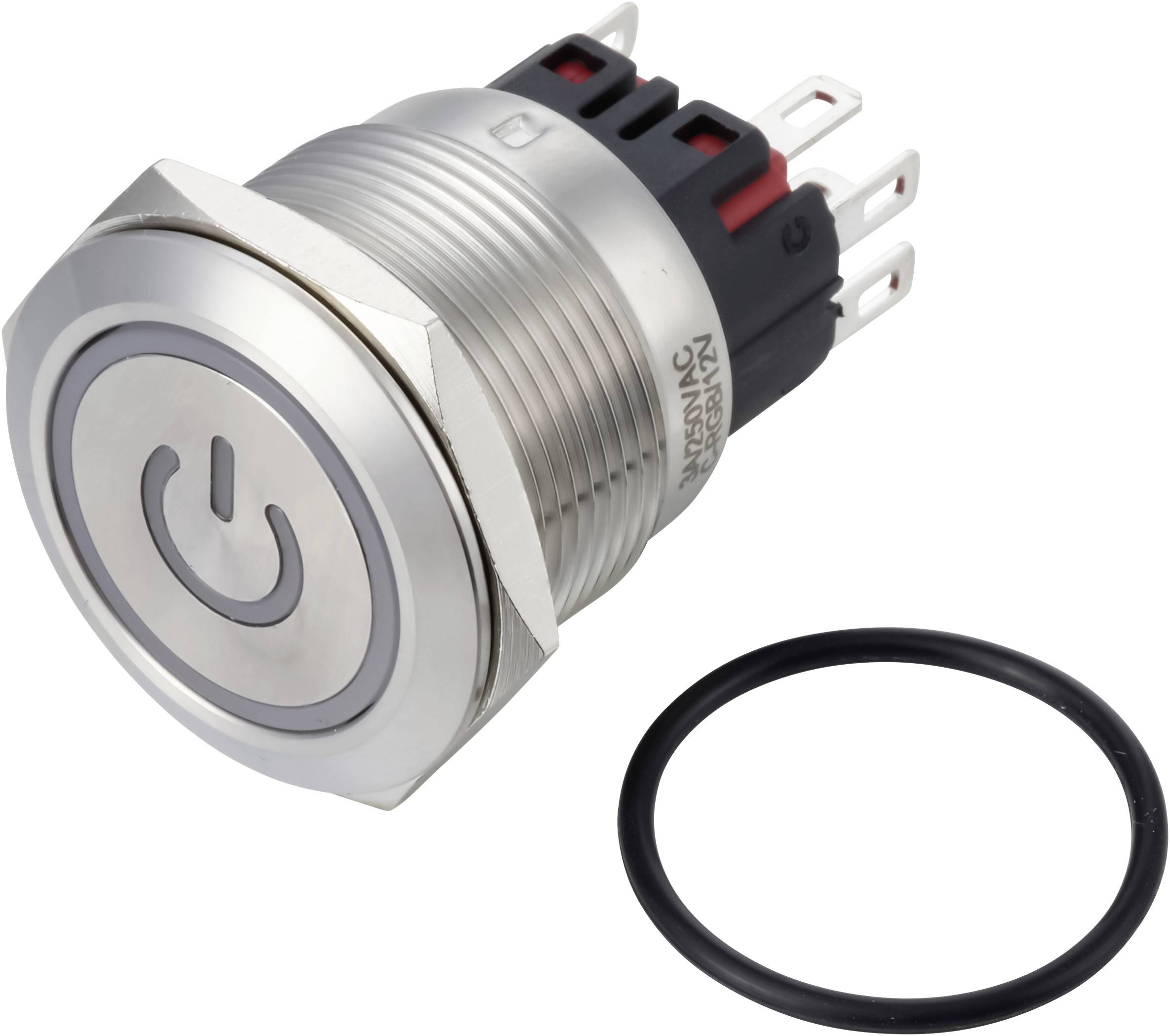 Metallischer Betätigungsschalter mit Gewinde und O-Ring-Dichtung, gezeigt mit rückwärtigen elektrischen Anschlüssen.