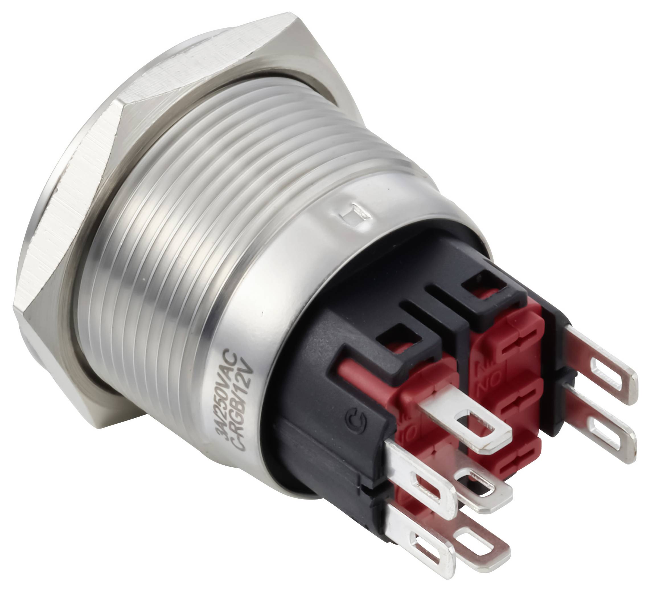 Metall-Einbau-Druckschalter mit Gewinde-Gehäuse und mehreren roten und schwarzen elektrischen Anschlüssen.