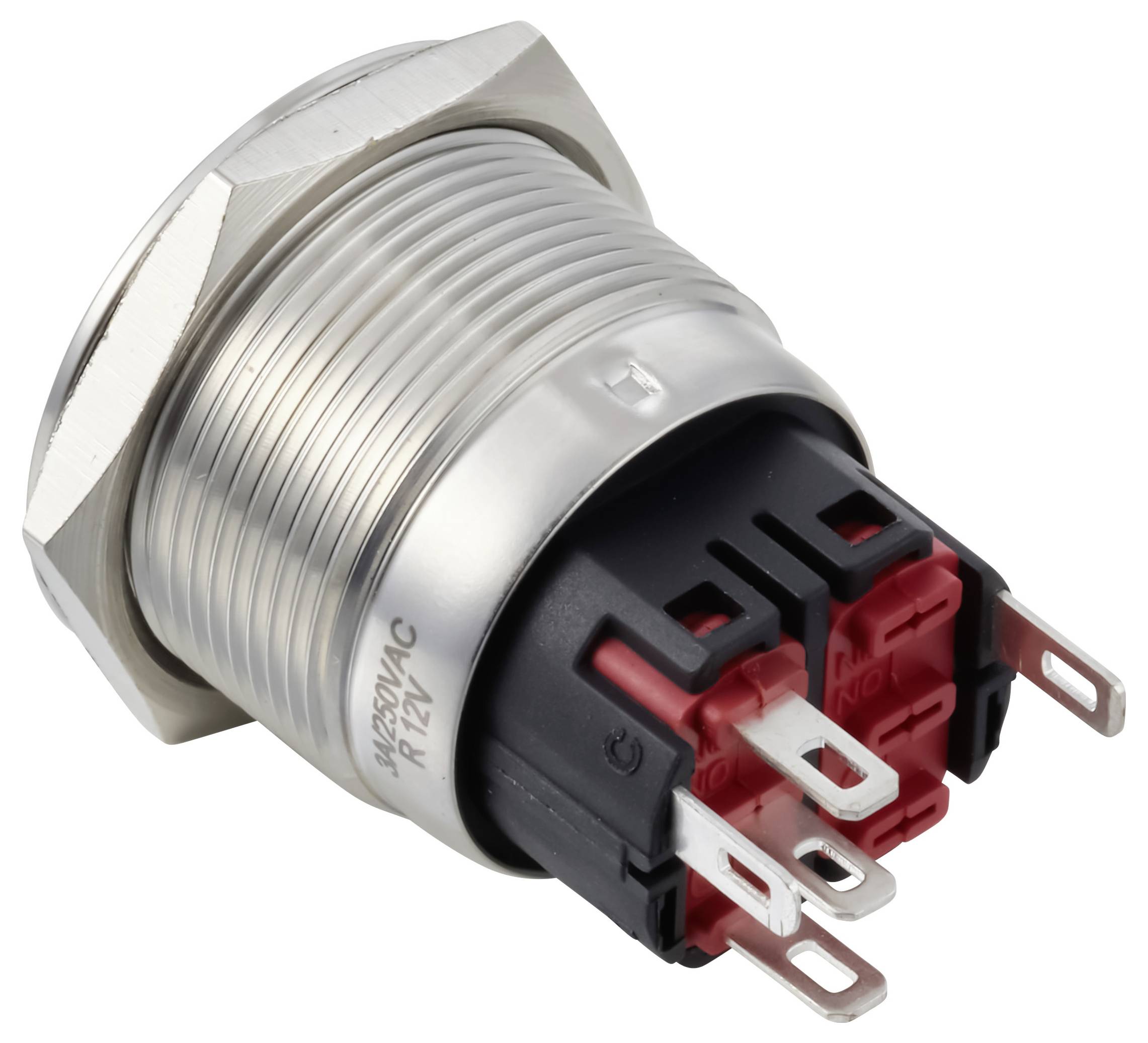 Nahaufnahme eines Metall-Druckknopfschalters mit Gewinde und roten und schwarzen elektrischen Anschlüssen.