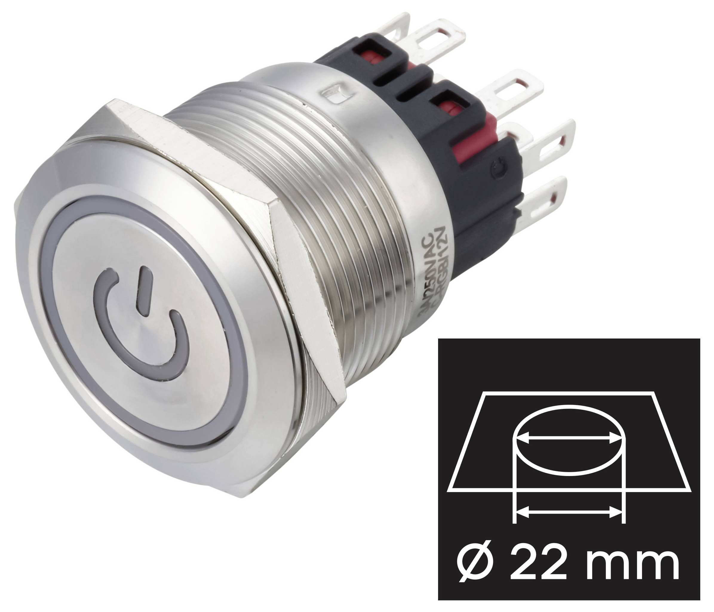 Metall-Druckschalter zum Aufpaneln, 22 mm, mit Stromsymbol und Anschlussklemmen, dargestellt mit Größensymbol mit Beschriftung „Ø 22 mm".