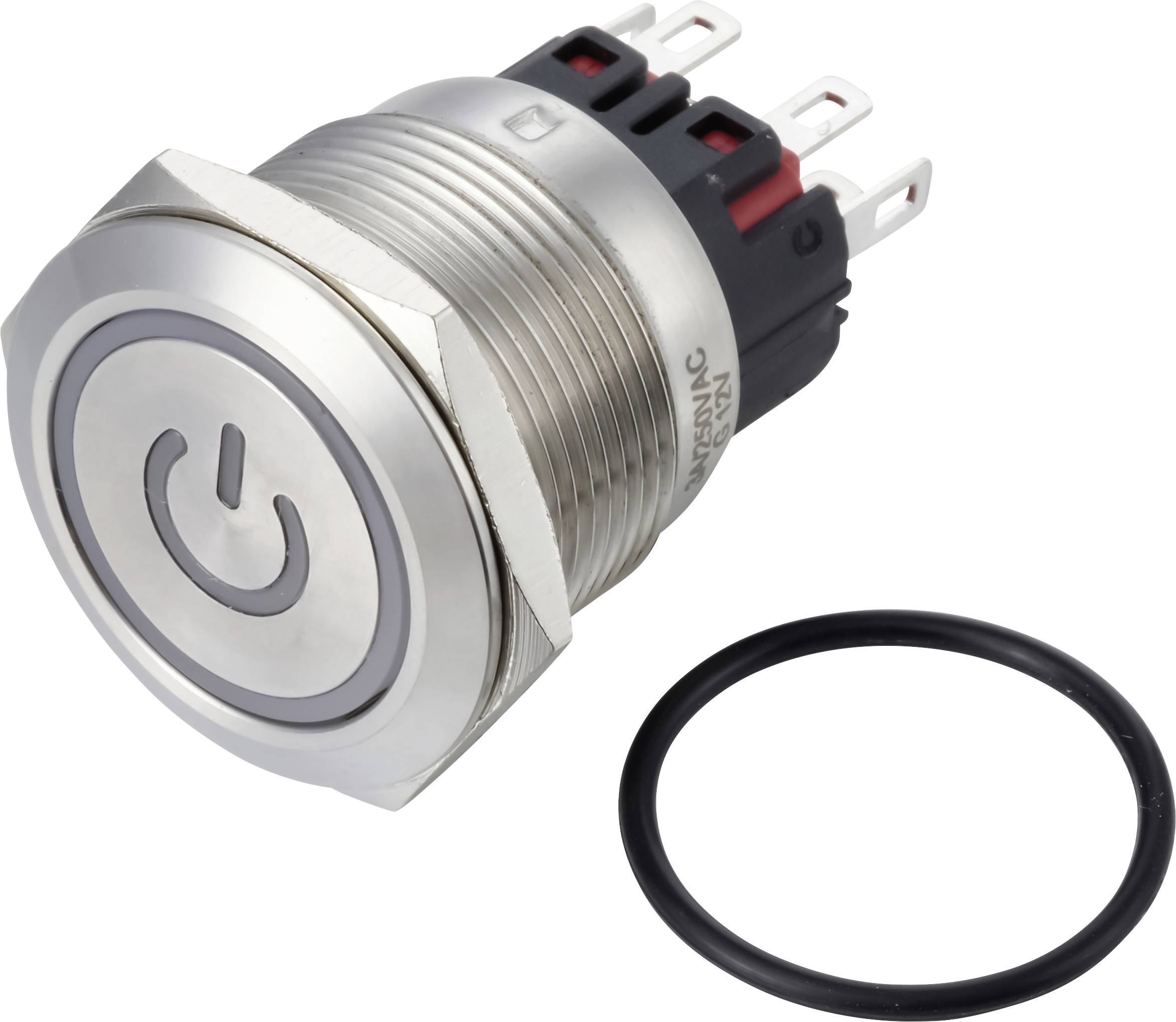 Metallischer Druckknopf-Schalter mit Energiesymbol und separatem schwarzem Dichtungs-O-Ring.