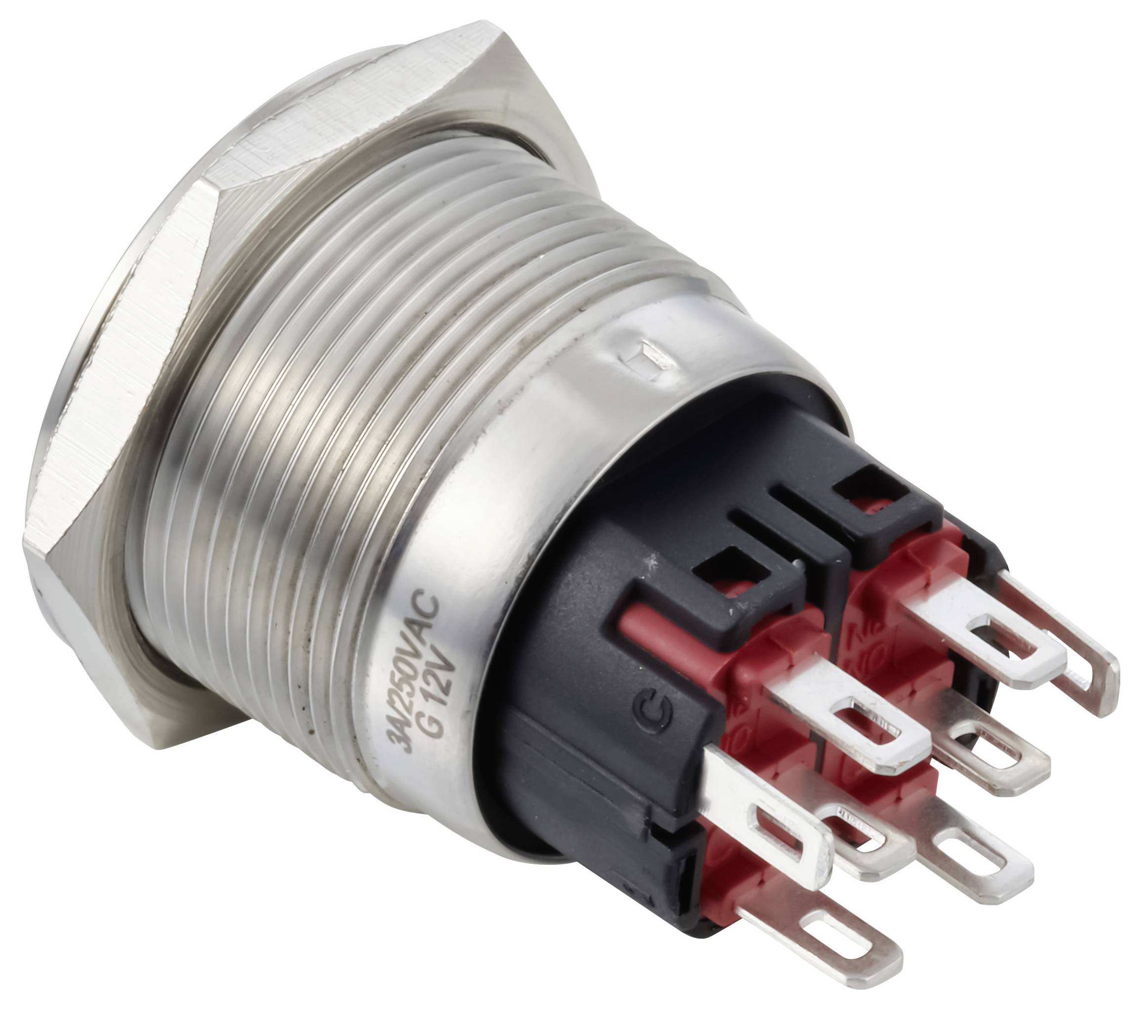 Nahaufnahme eines Metall-Frontplatten-Druckschalters mit Gewinde gehäuse und mehreren elektrischen Anschlüssen auf der Rückseite.