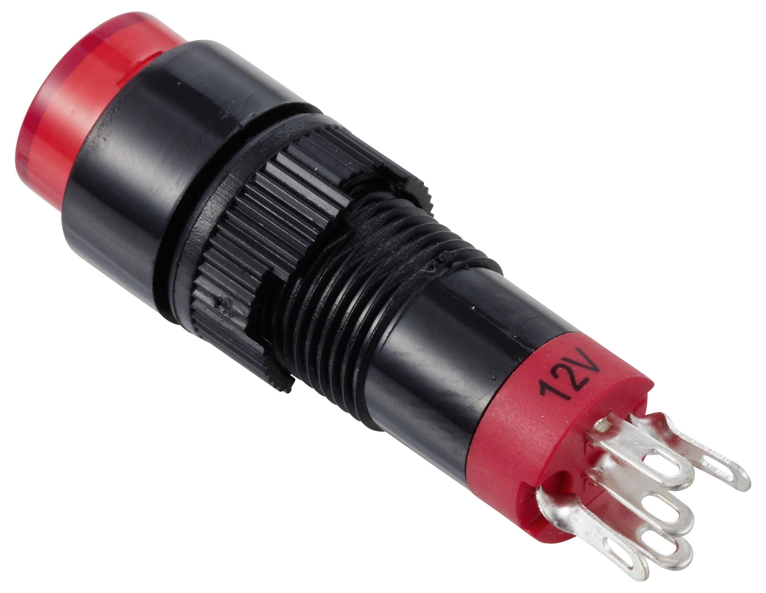 Schwarz-rotes Anzeigelicht zum Anbauen mit 12V, Gewindekörper und Metallklemmen