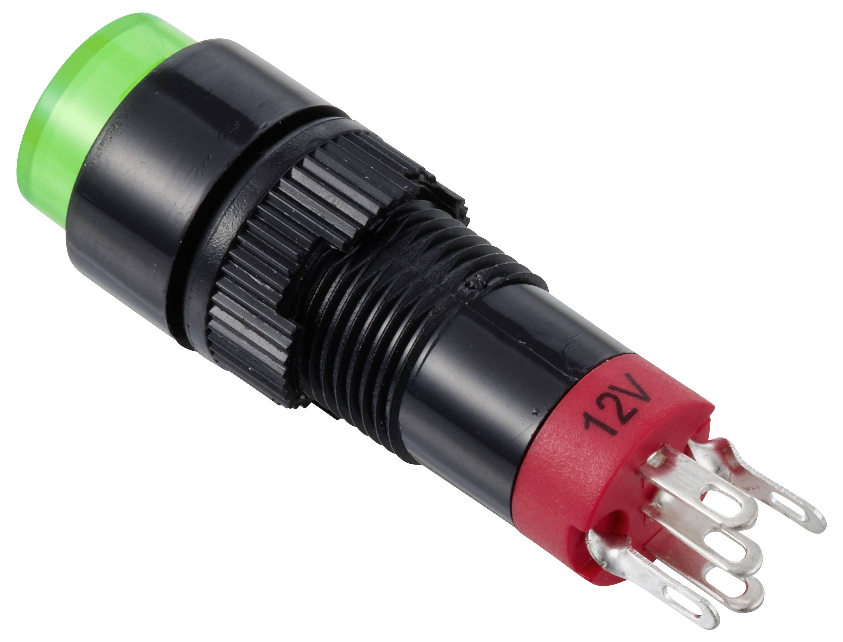 Schwarze Einbauleuchte 12V mit grüner Linse und Metallanschlüssen.