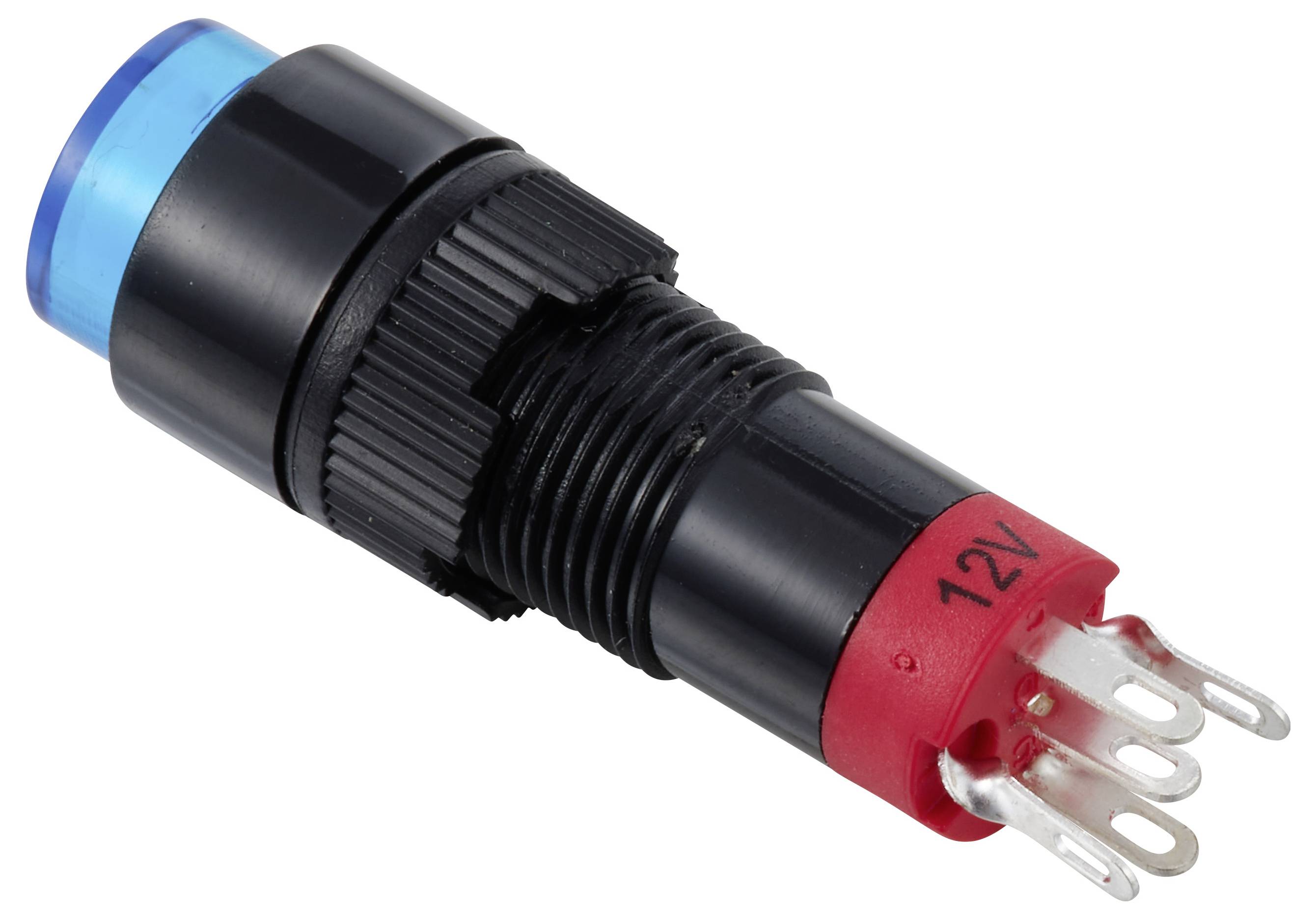 Schwarzte 12V-Schaltschrankleuchte mit blauem Objektiv und Metallanschlussbolzen