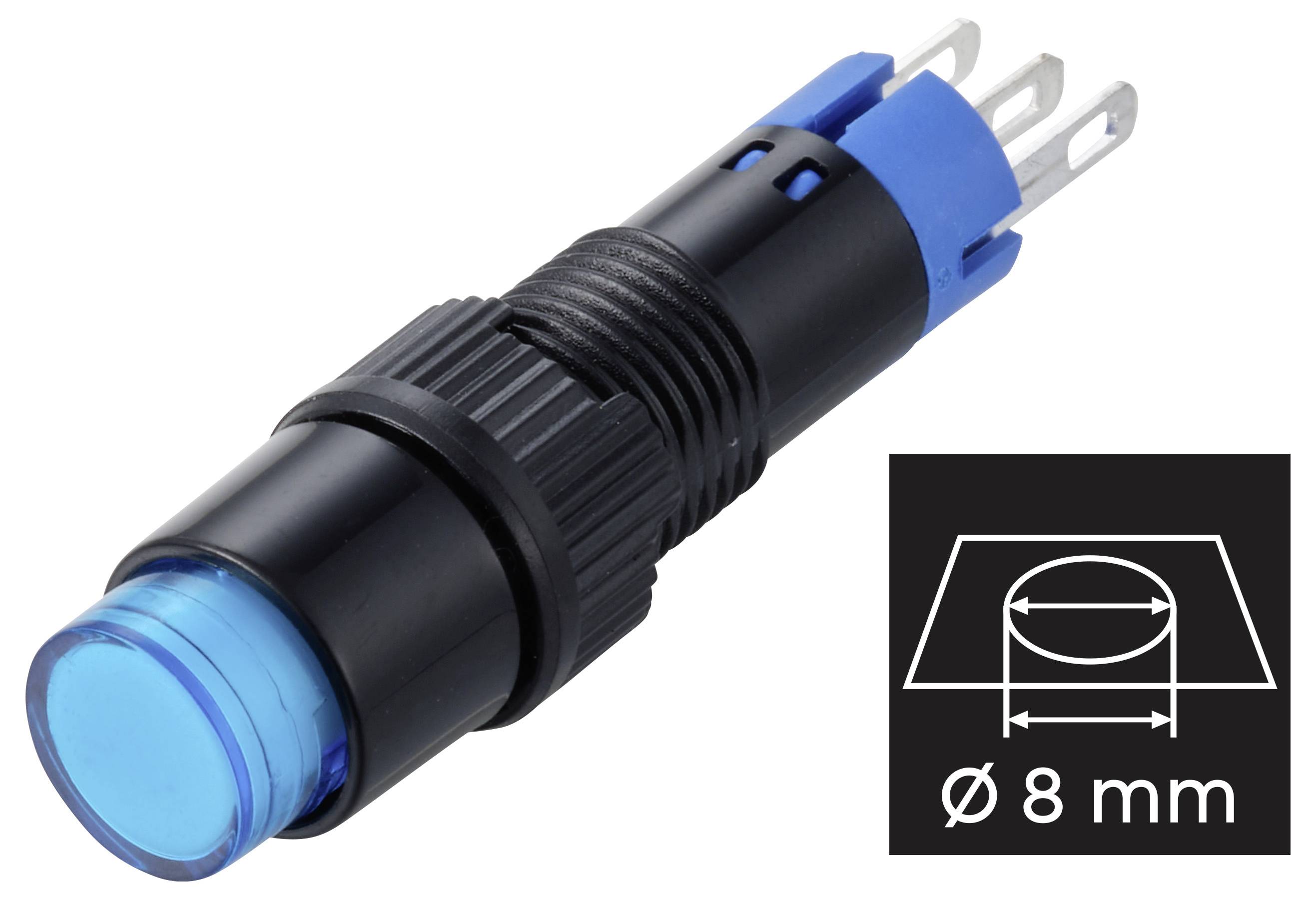 Schwarzer aufgebauter Druckschalter mit blau beleuchtetem Objektiv und drei Anschlüssen, gekennzeichnet mit „Ø 8 mm"