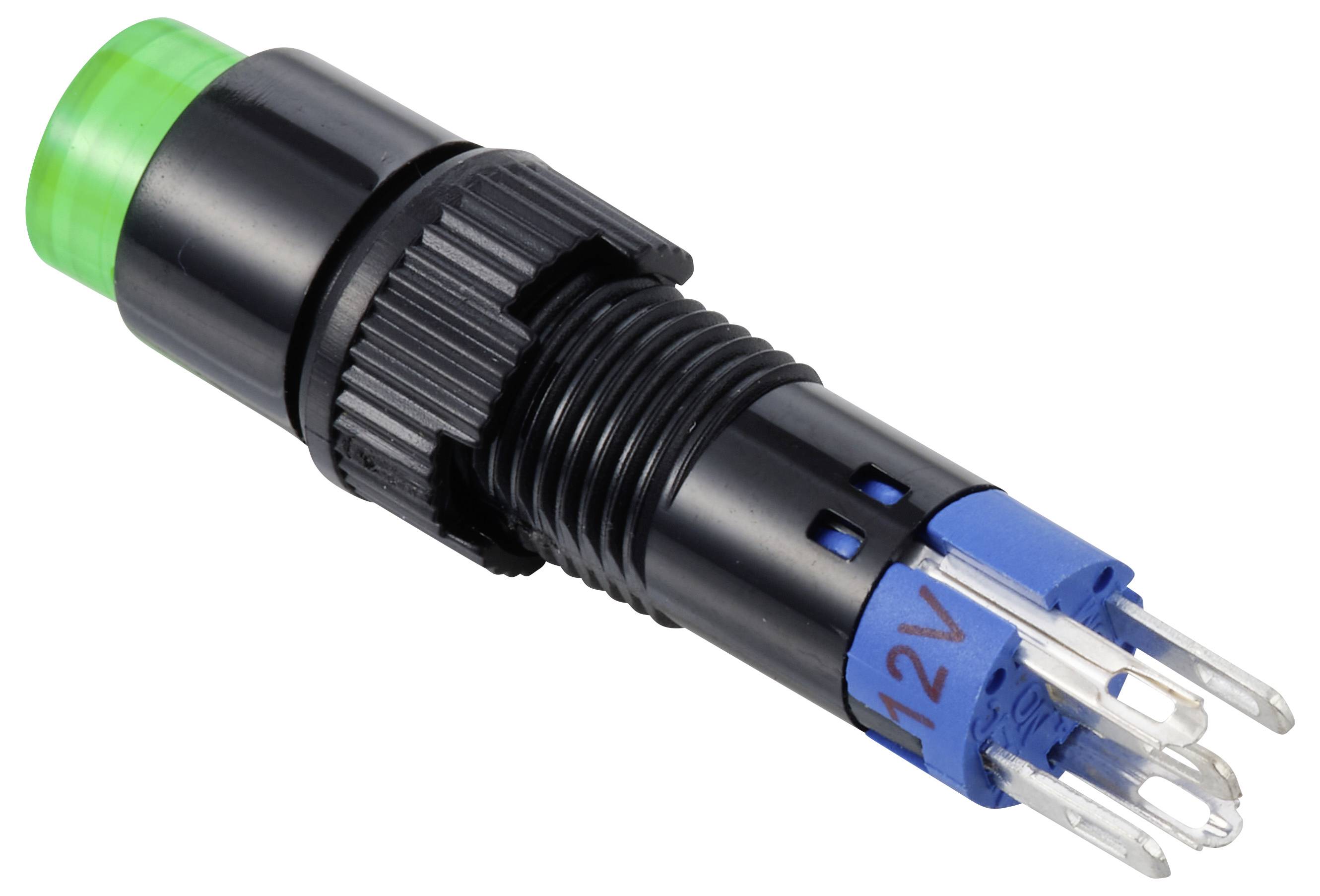 Schwarze Schaltplatinenmontageindikatirleuchte mit grüner Linse und freigelegten 12V-Flachsteckanschlüssen auf weißem Hintergrund.