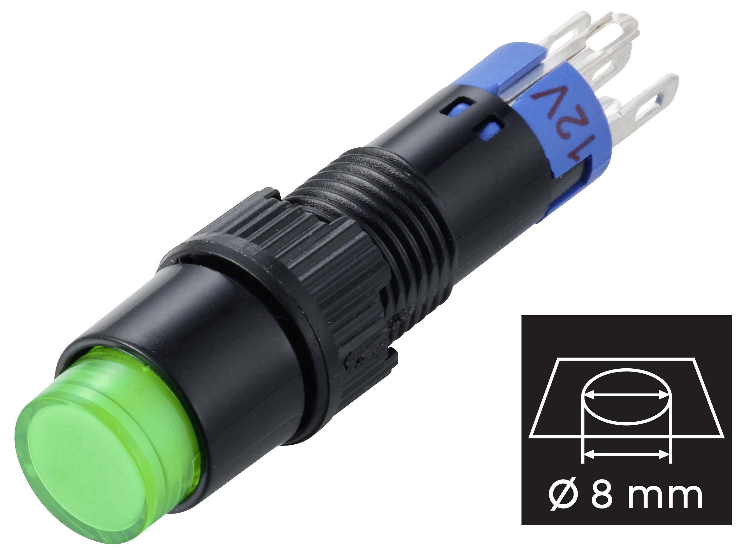 Grüne 8-mm-Einbau-Kontrolleuchte mit schwarzem Gehäuse und 12-V-Anschlüssen, dargestellt in einem Produktfoto mit eingefügtem Größensymbol mit der Bezeichnung "Ø 8 mm".