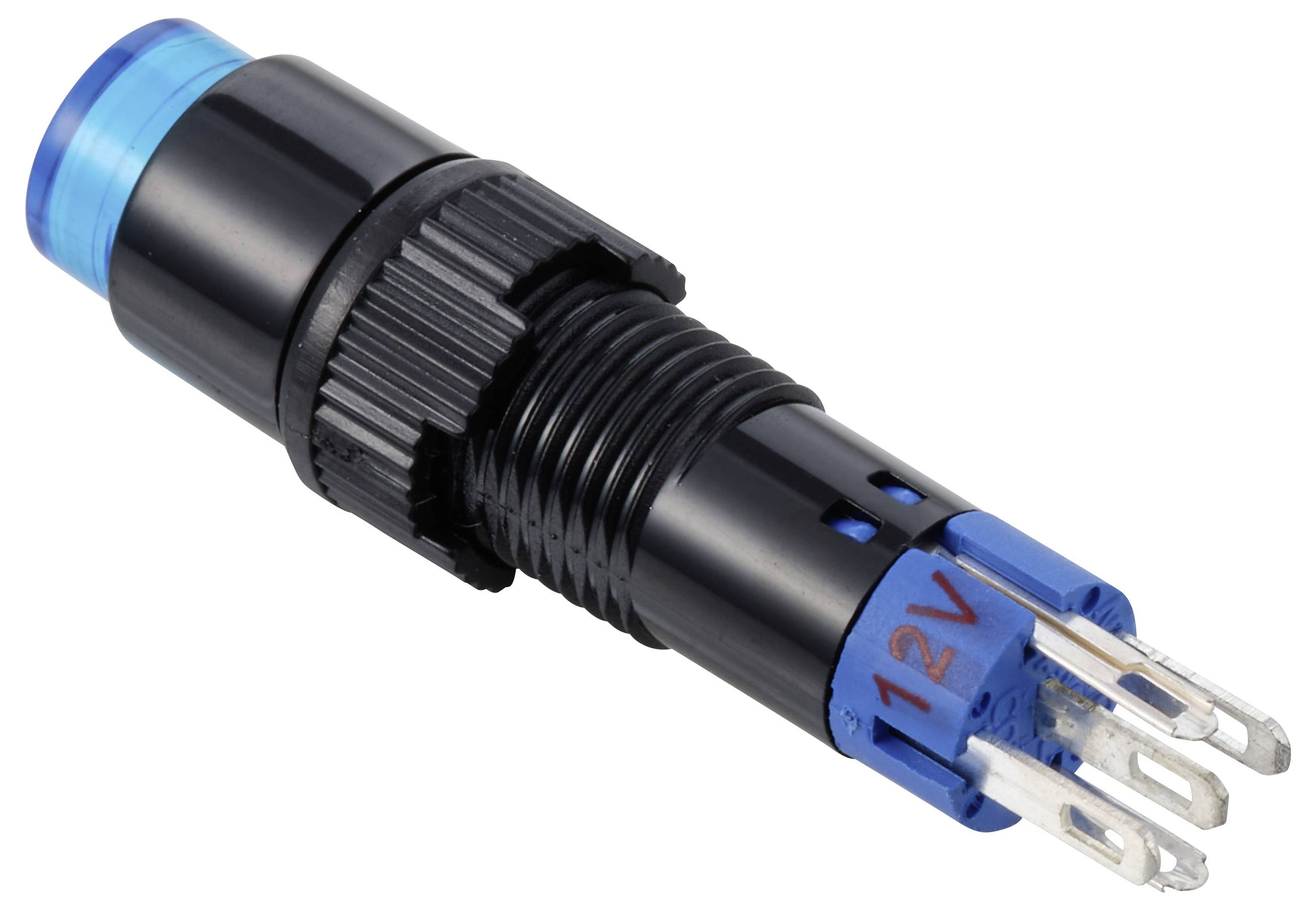 Schwarzte 12V-Leuchtmittelanzeige mit blauem Objektiv und Metallanschlussverbindungsstiften auf weißem Hintergrund.