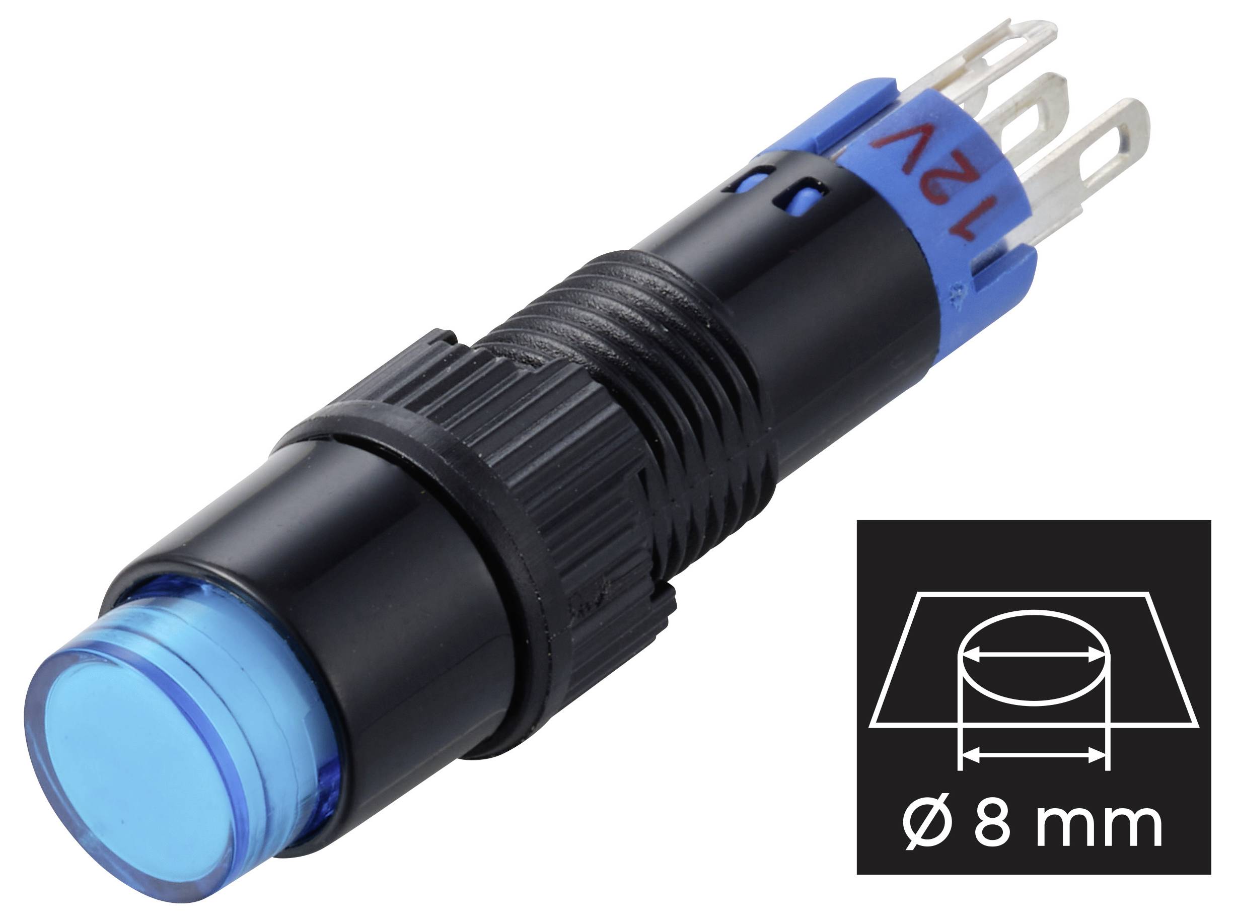 Schwarze und blaue 12V Anzeigelampe mit vorstehenden Metallklemmen, gezeigt mit einer Größenbezeichnung, die einen Durchmesser von 8 mm angibt.