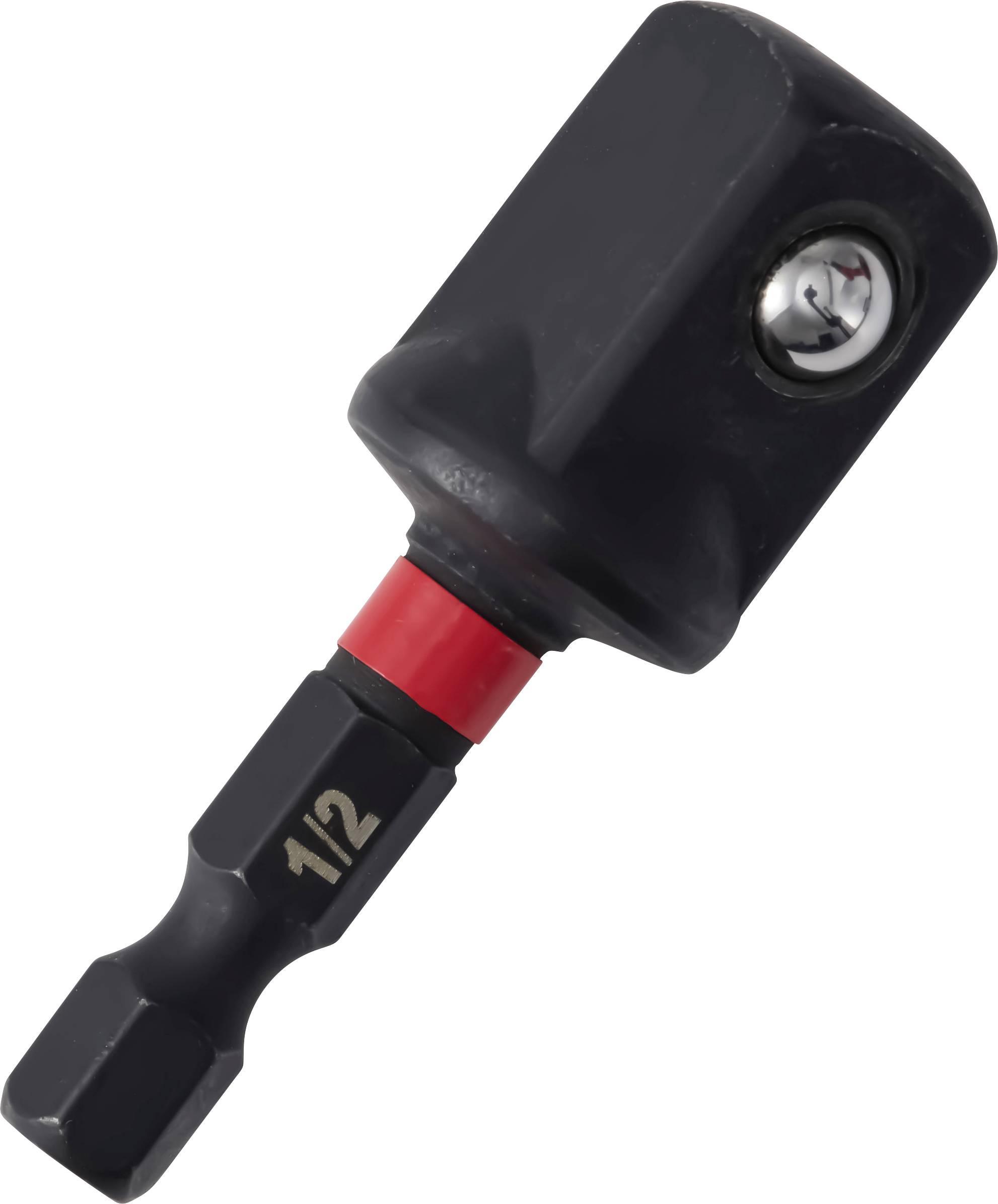 Schwarzer Winkelstecker mit 1/4-Zoll-Sechskantschaft und Vierkantantrieb.