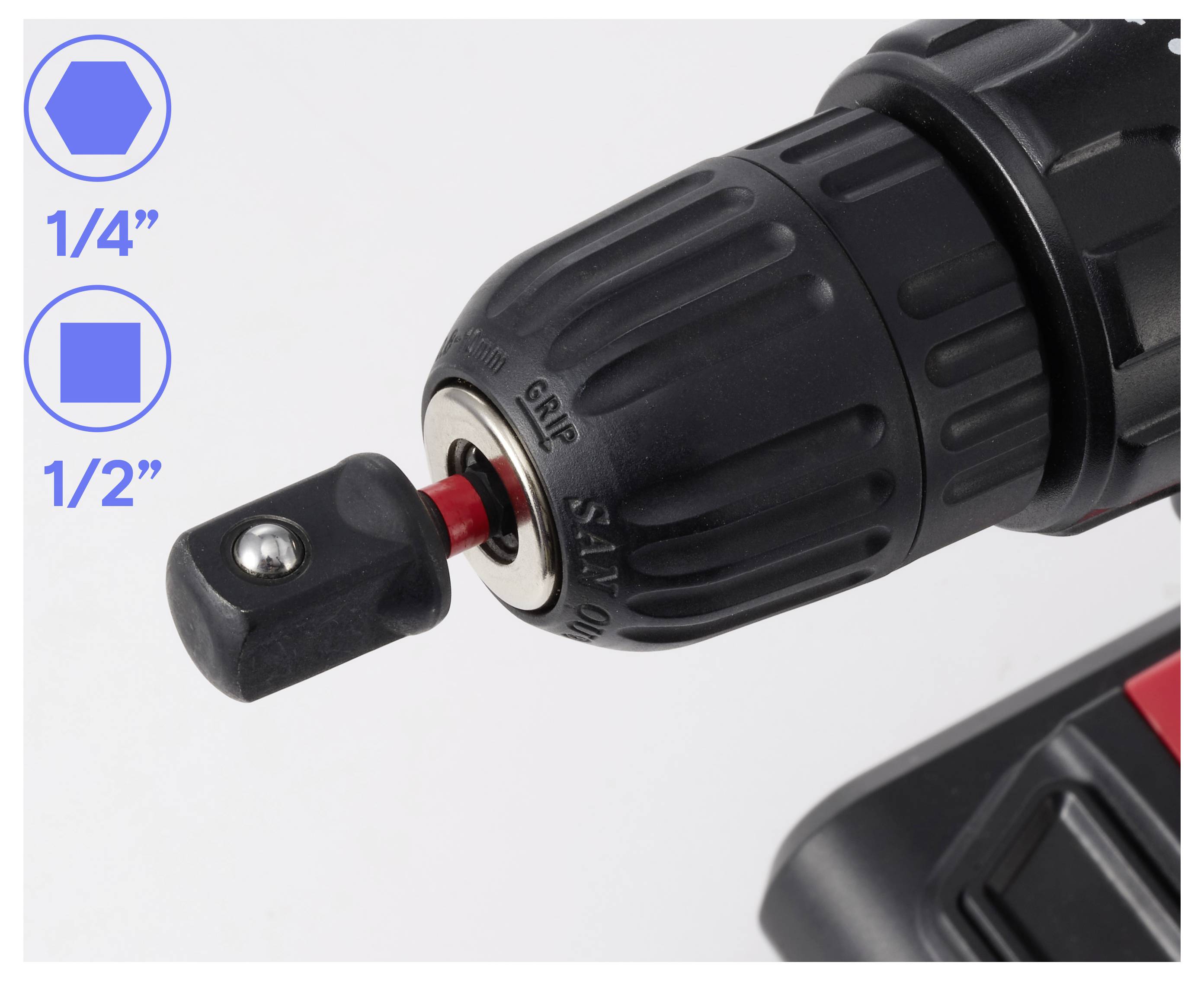 Nahaufnahme eines Bohrfutters mit Adapter, das die Kompatibilität für 1/4-Zoll-Sechskant- und 1/2-Zoll-Quadratbits zeigt, mit Größensymbolen auf der linken Seite.