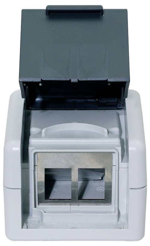 Kleiner Desktop-Kartenschanner oder Ausweiskopierer mit offener Abdeckung und zwei Anzeigeschlitzen an der Vorderseite.