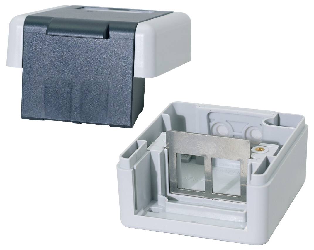 Zweiteiliges elektrisches Wandsteckdosen-Auslass: Abdeckungsmodul oben und bündige Montagebasis unten.