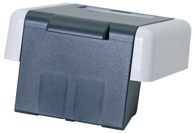 Kompakter Drucker für den Schreibtisch mit dunklerem vorderen Papierfach und hellgrauen Seitenelementen auf weißem Hintergrund.