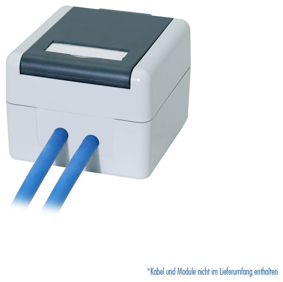 Kleines grau-türkises Drucker- oder Schredder-ähnliches Gerät mit zwei eingesteckten blauen Kabeln; der Hinweis besagt „Kabel und Module nicht im Lieferumfang enthalten