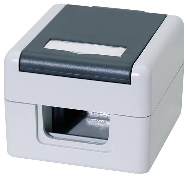 Kompakter Tischdrucker mit einem Papierschacht oben und Ausgabefach an der Vorderseite, isoliert auf weißem Hintergrund dargestellt.