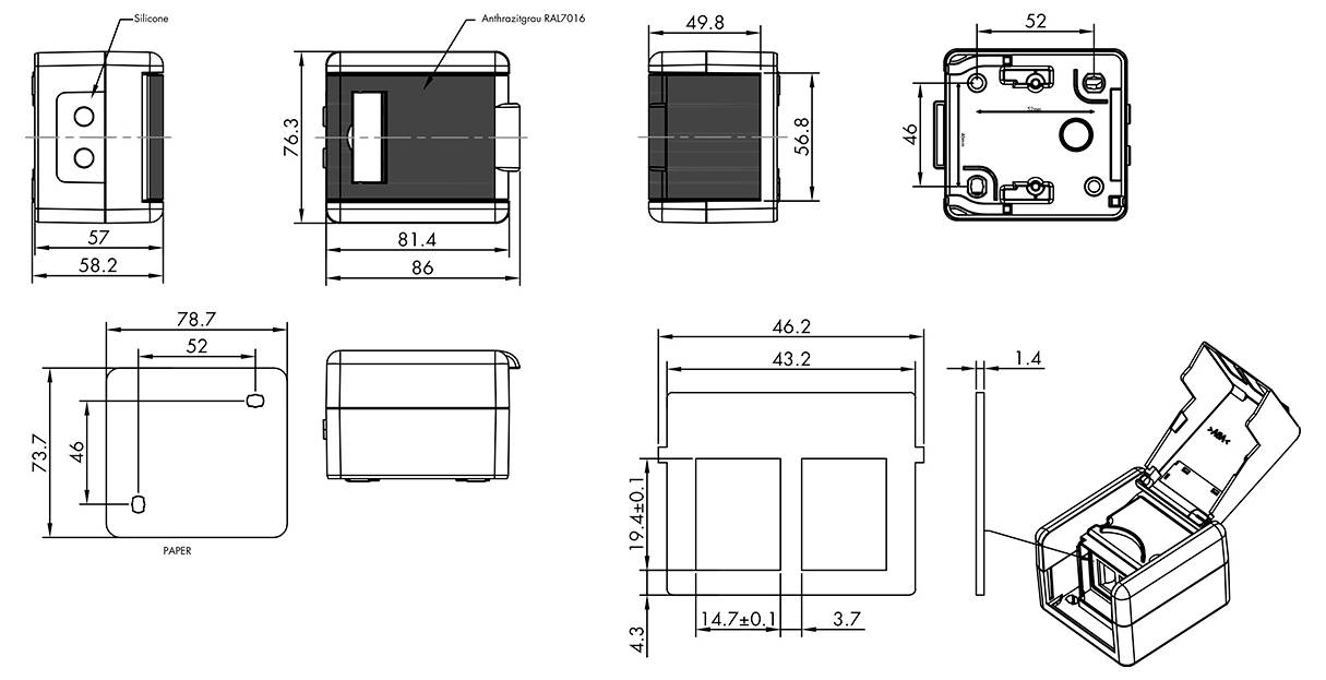 Technische Zeichnung einer kleinen rechteckigen elektronischen Komponente mit mehreren orthografischen Ansichten, Abmessungen in Millimetern und einer perspektivischen Montageansicht.